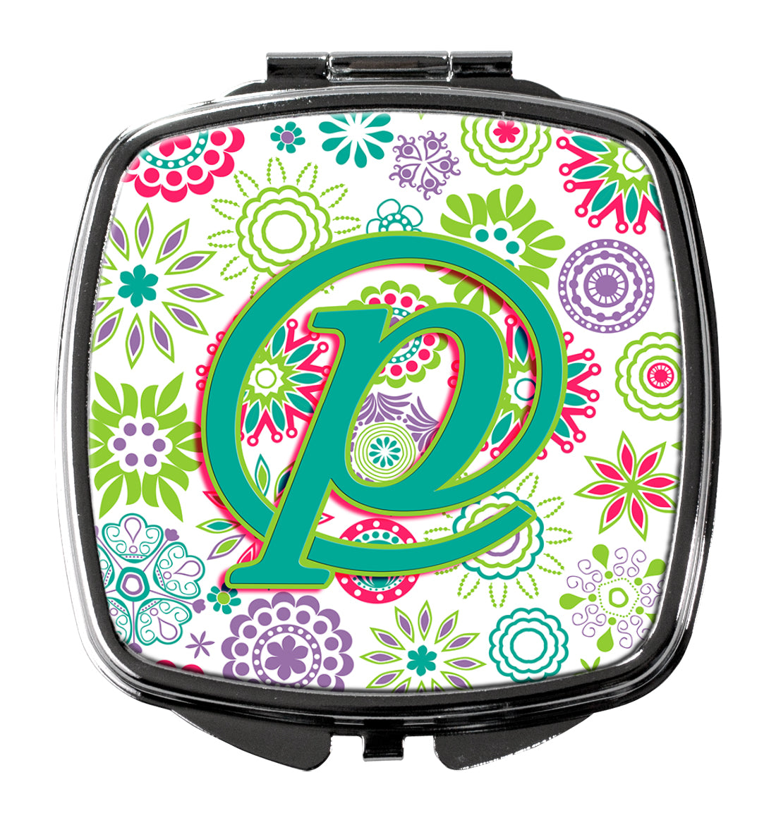 Letter P Flowers Pink Teal Green Initial Compact Mirror CJ2011-PSCM  the-store.com.