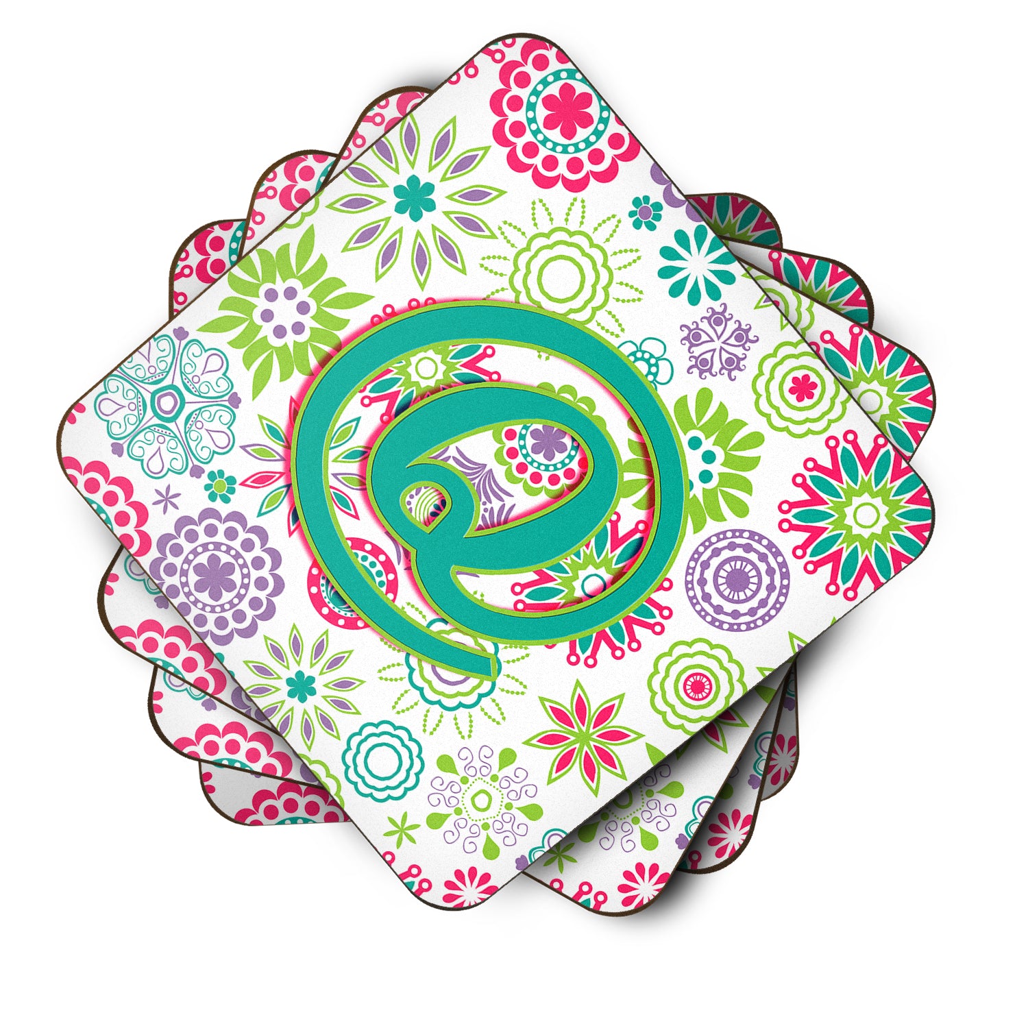 Set of 4 Letter Q Flowers Pink Teal Green Initial Foam Coasters CJ2011-QFC - the-store.com