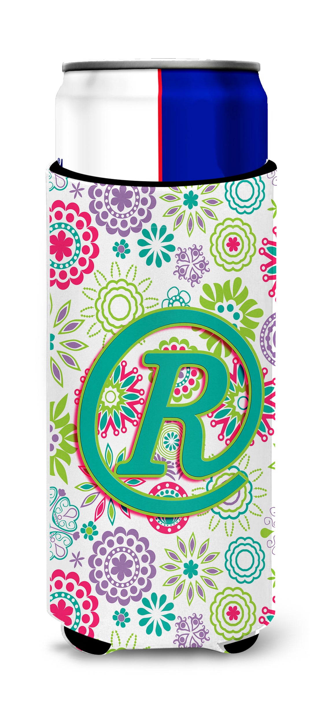 Letter R Flowers Pink Teal Green Initial Ultra Beverage Insulators for slim cans CJ2011-RMUK.