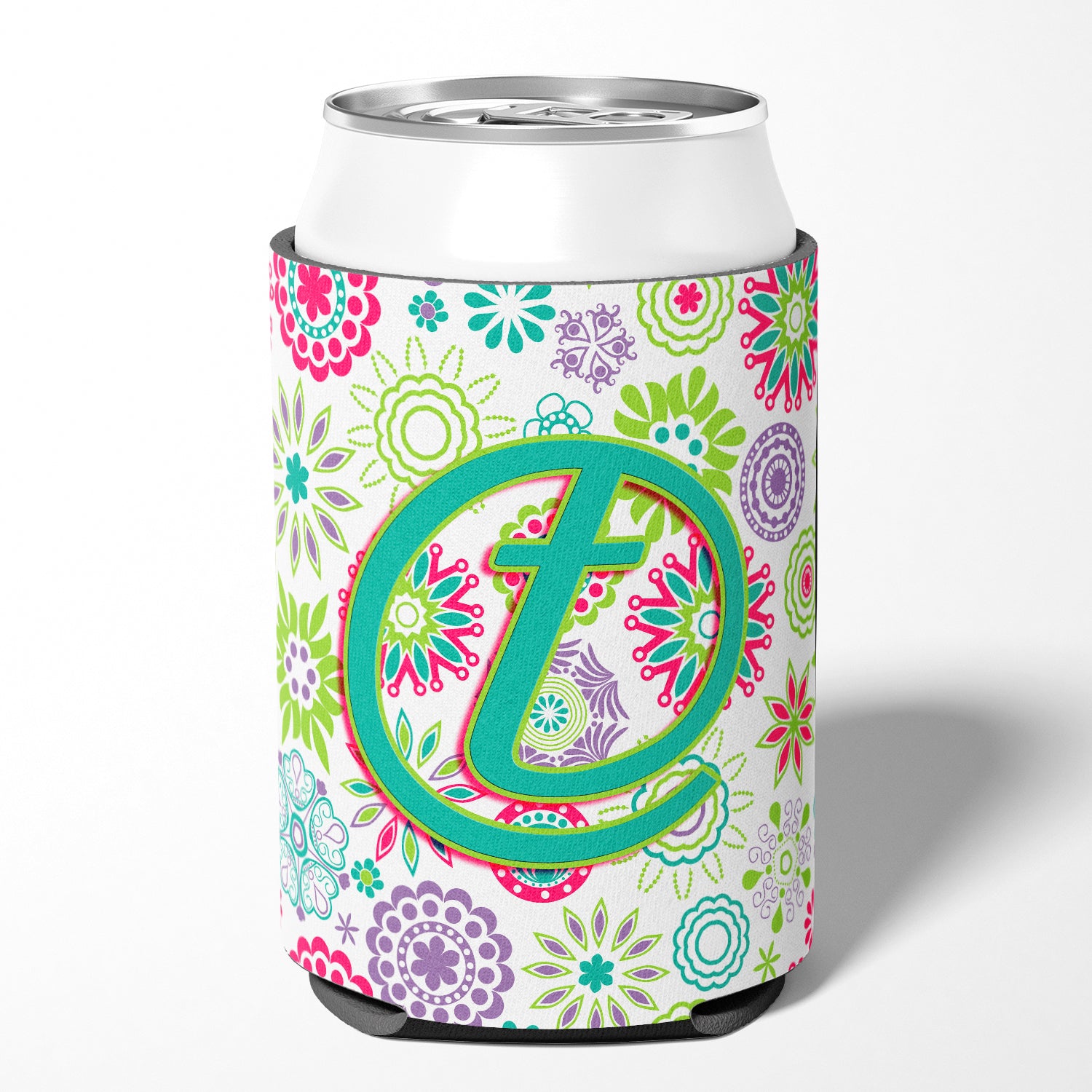 Letter T Flowers Pink Teal Green Initial Can or Bottle Hugger CJ2011-TCC  the-store.com.