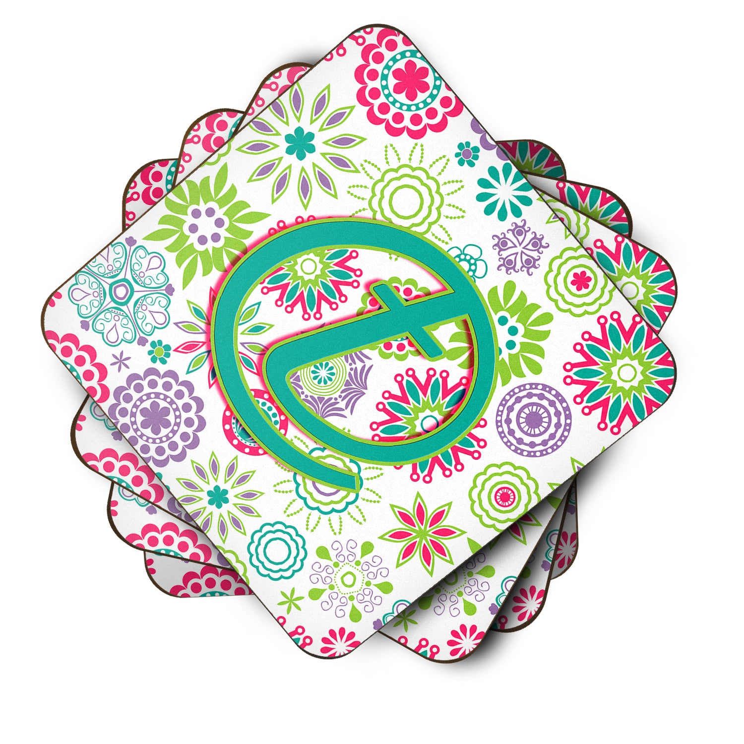 Set of 4 Letter T Flowers Pink Teal Green Initial Foam Coasters CJ2011-TFC - the-store.com