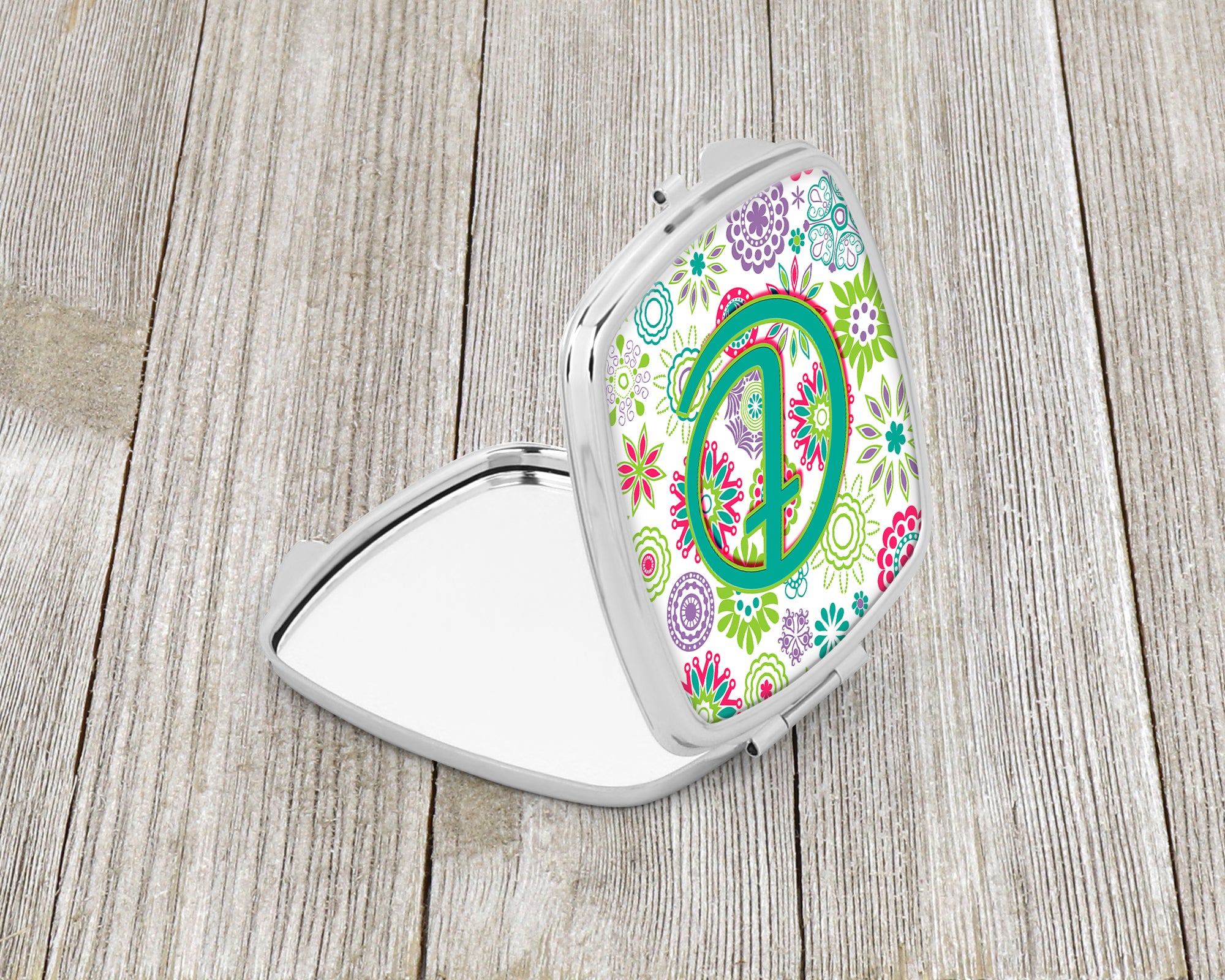 Letter T Flowers Pink Teal Green Initial Compact Mirror CJ2011-TSCM  the-store.com.