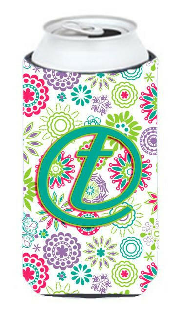 Letter T Flowers Pink Teal Green Initial Tall Boy Beverage Insulator Hugger CJ2011-TTBC by Caroline&#39;s Treasures