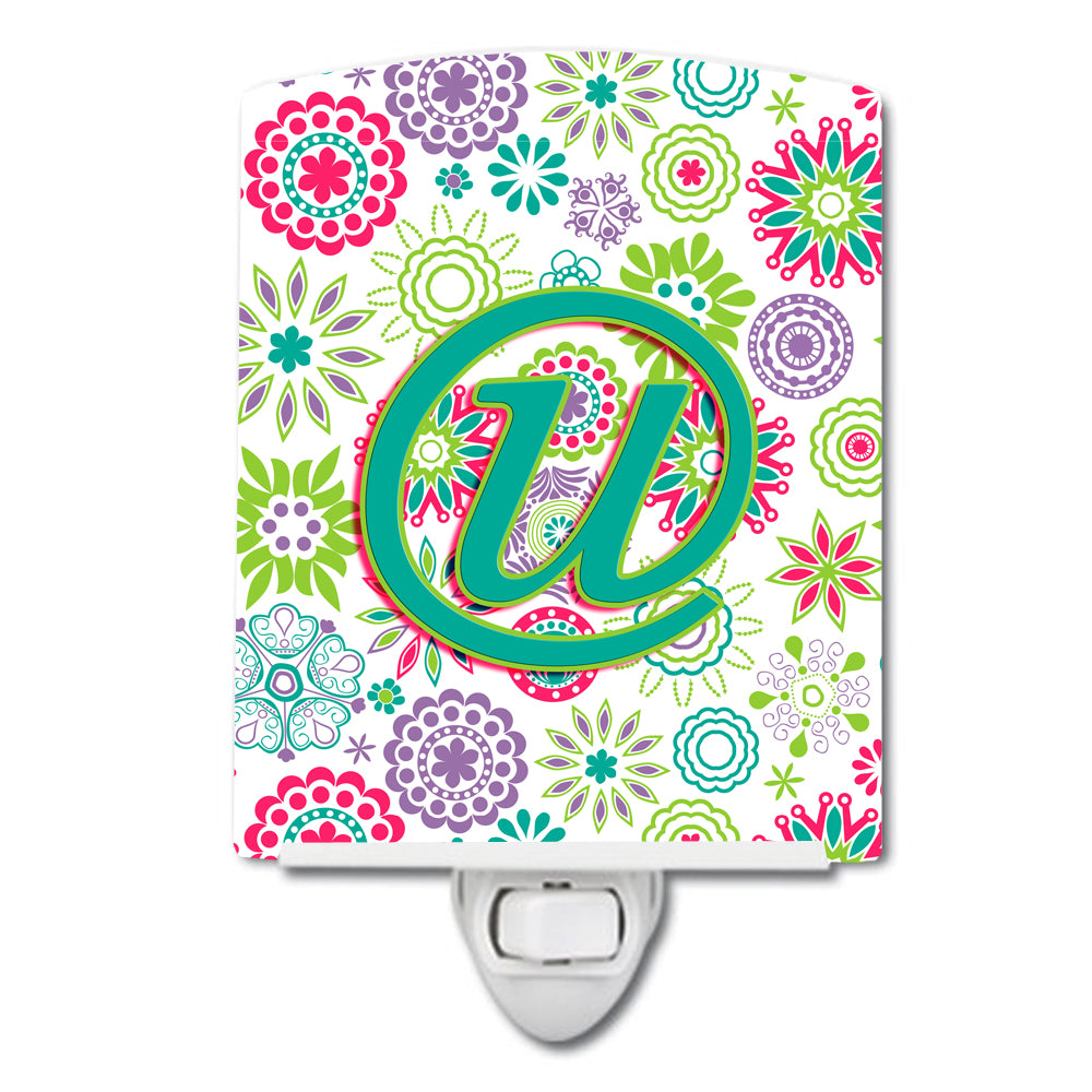 Letter U Flowers Pink Teal Green Initial Ceramic Night Light CJ2011-UCNL - the-store.com