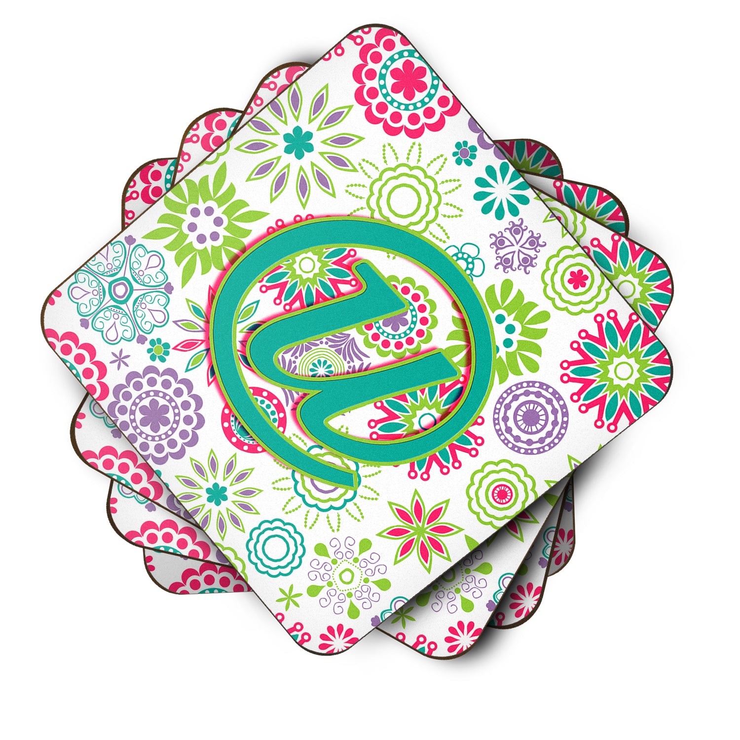 Set of 4 Letter U Flowers Pink Teal Green Initial Foam Coasters CJ2011-UFC - the-store.com