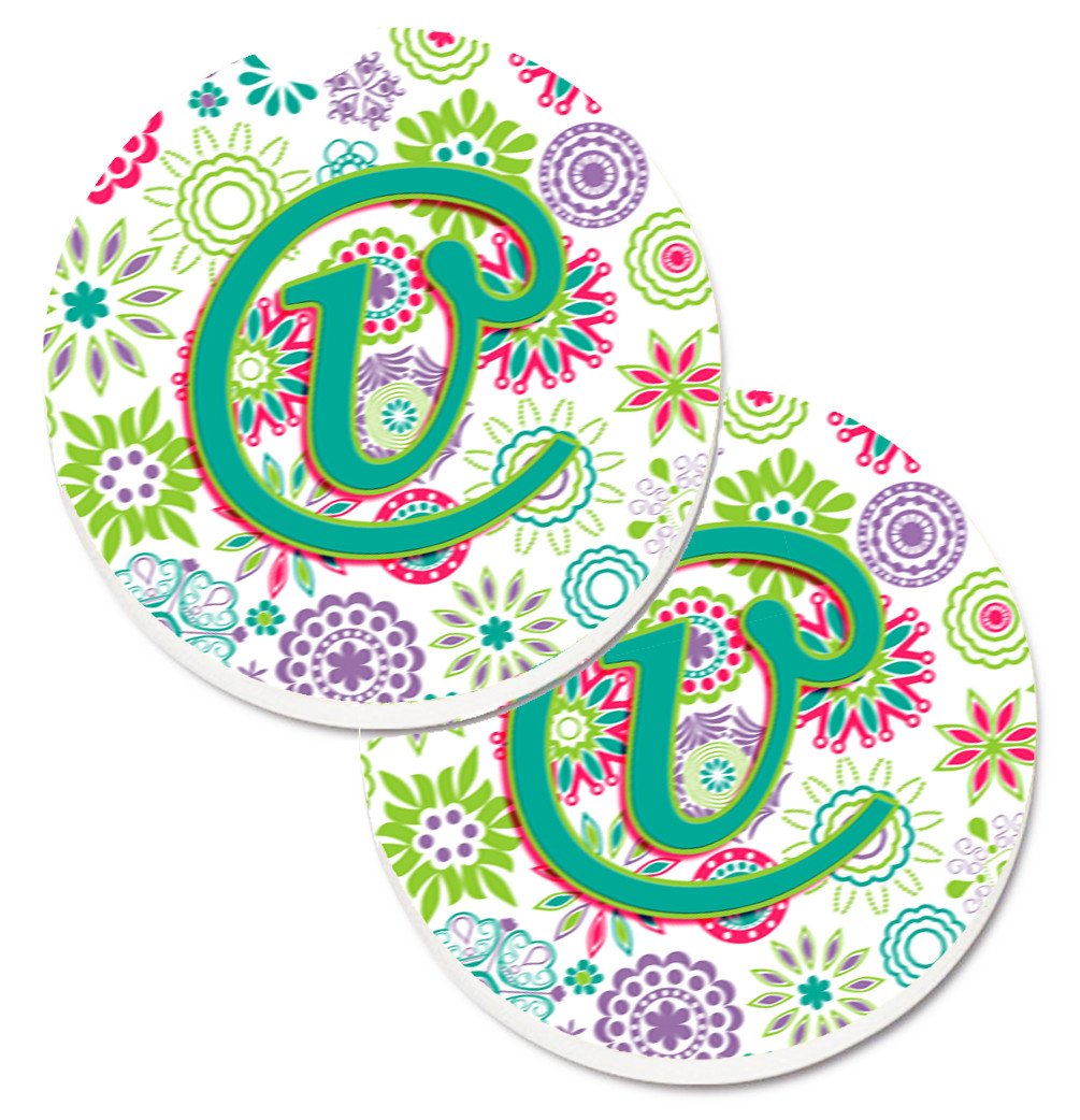 Letter V Flowers Pink Teal Green Initial Set of 2 Cup Holder Car Coasters CJ2011-VCARC by Caroline's Treasures