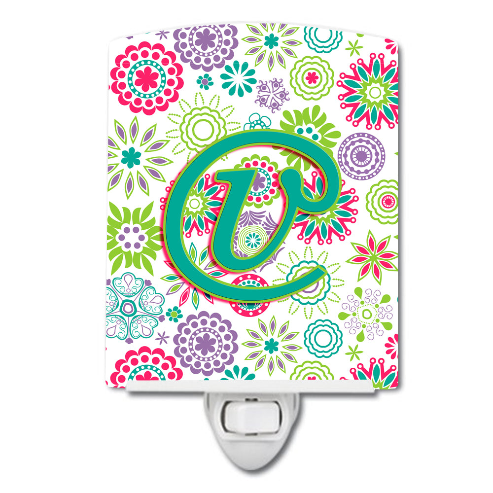 Letter V Flowers Pink Teal Green Initial Ceramic Night Light CJ2011-VCNL - the-store.com