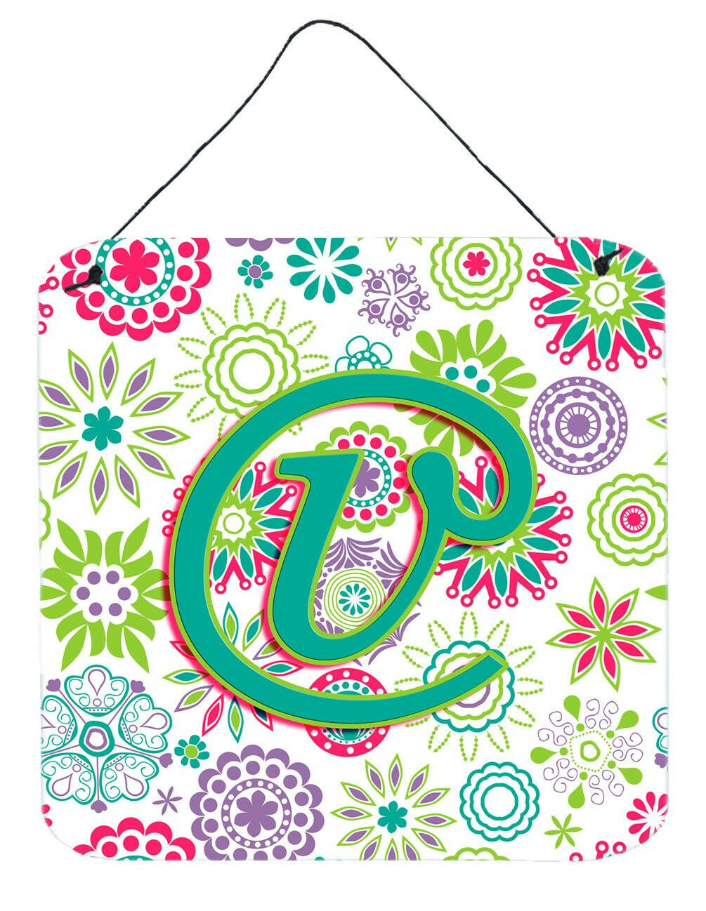 Letter V Flowers Pink Teal Green Initial Wall or Door Hanging Prints CJ2011-VDS66 by Caroline&#39;s Treasures