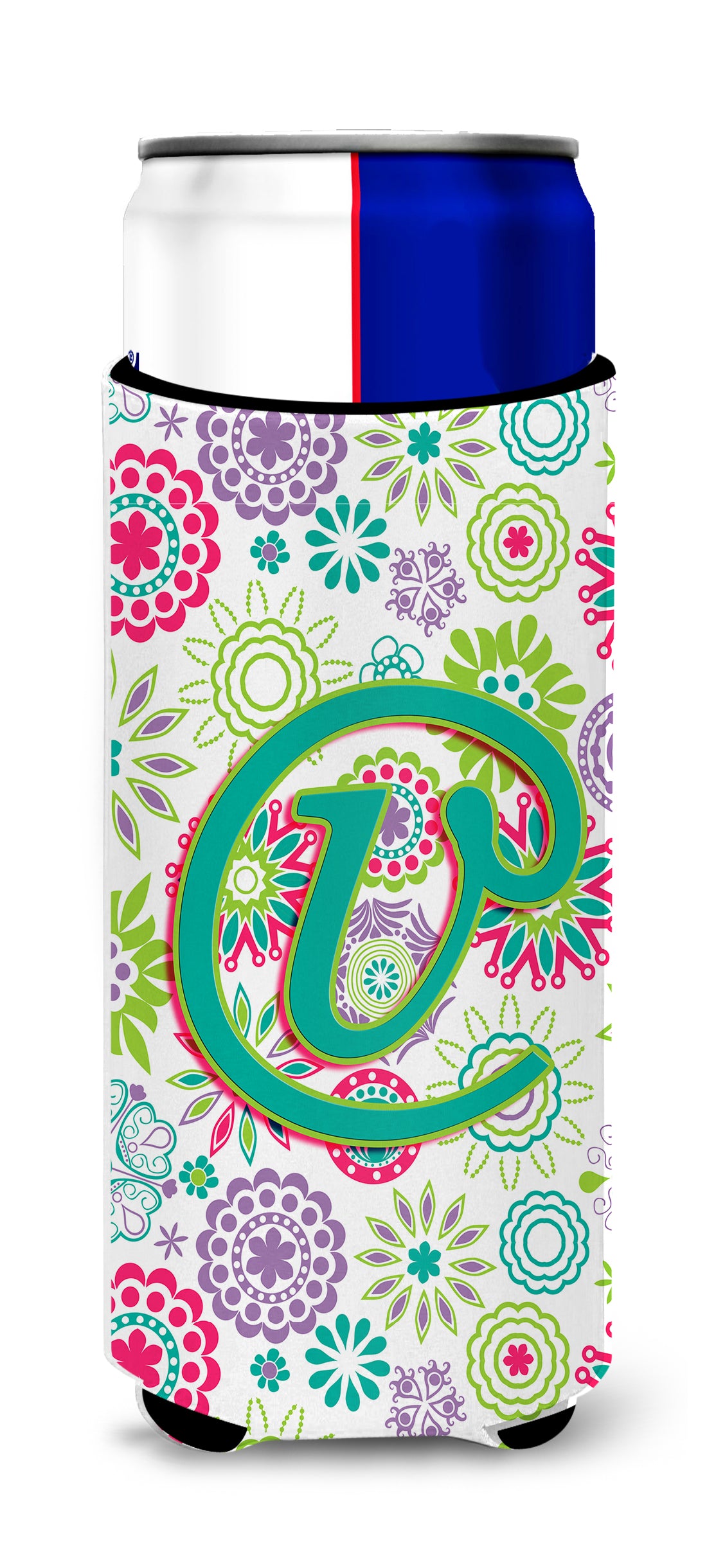 Letter V Flowers Pink Teal Green Initial Ultra Beverage Insulators for slim cans CJ2011-VMUK.