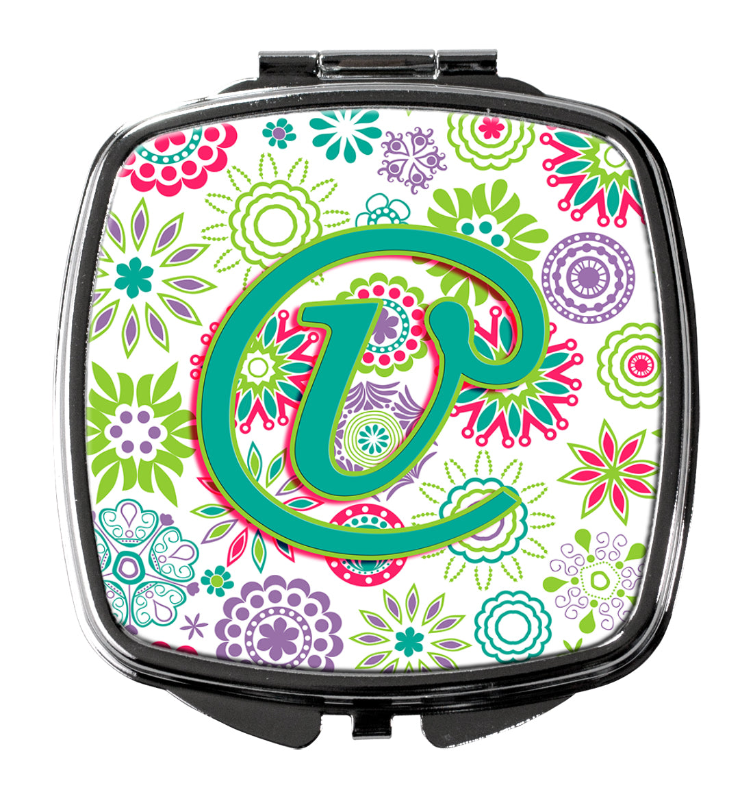 Letter V Flowers Pink Teal Green Initial Compact Mirror CJ2011-VSCM  the-store.com.