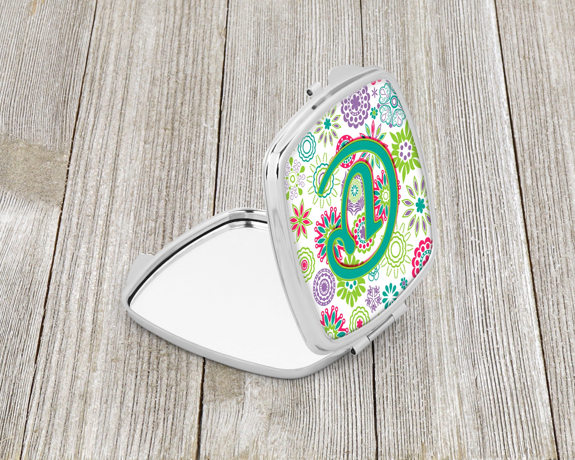 Letter V Flowers Pink Teal Green Initial Compact Mirror CJ2011-VSCM  the-store.com.