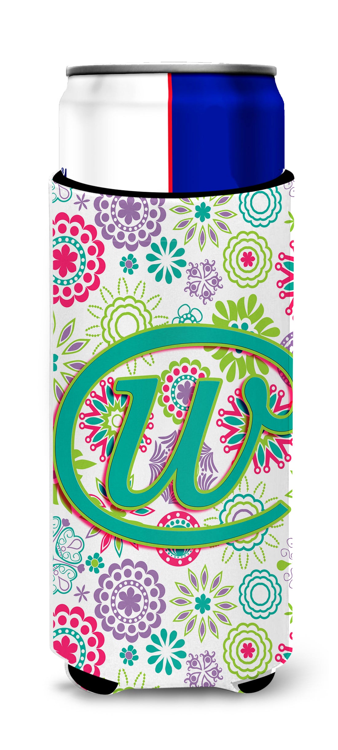 Letter W Flowers Pink Teal Green Initial Ultra Beverage Insulators for slim cans CJ2011-WMUK.