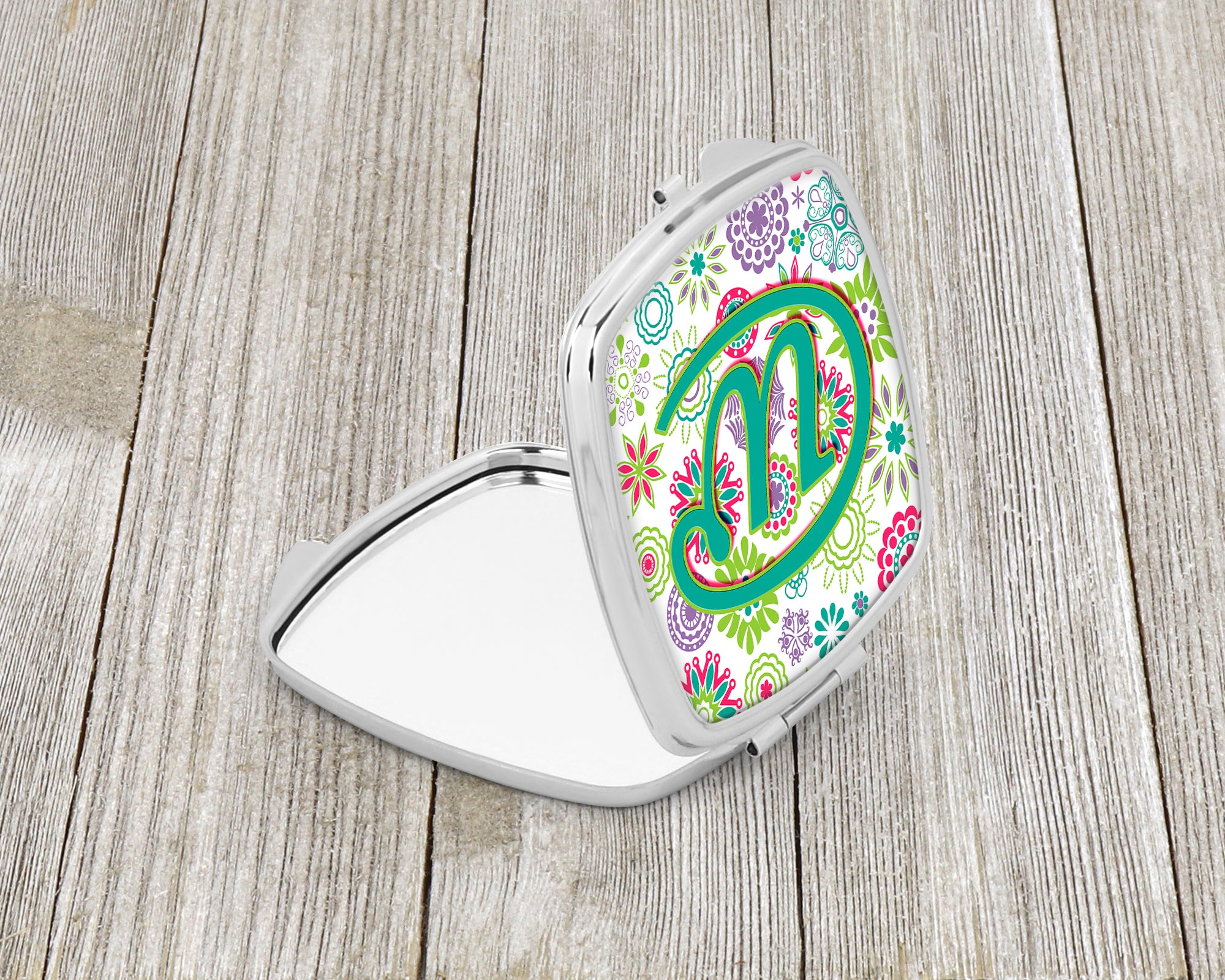 Letter W Flowers Pink Teal Green Initial Compact Mirror CJ2011-WSCM  the-store.com.