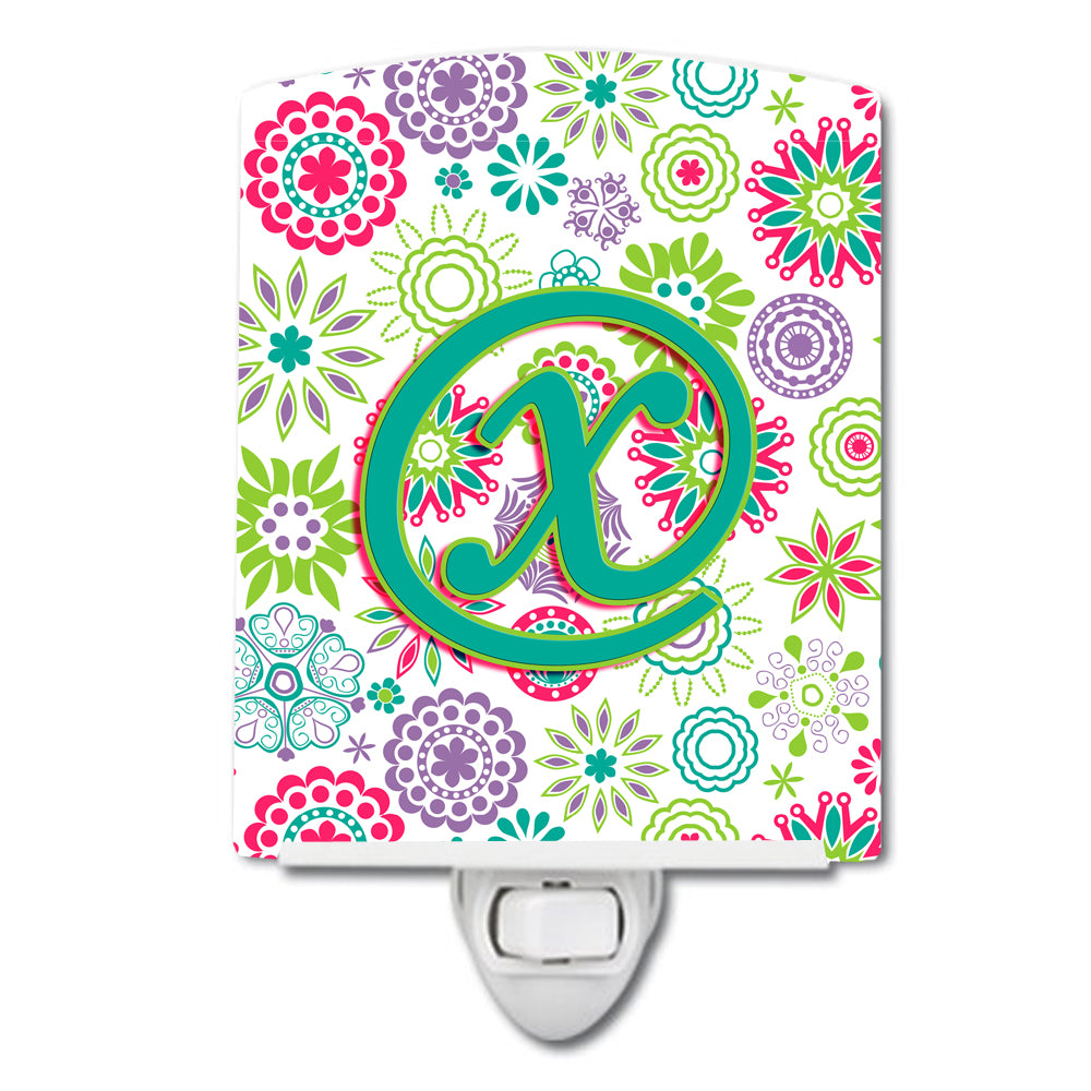 Letter X Flowers Pink Teal Green Initial Ceramic Night Light CJ2011-XCNL - the-store.com