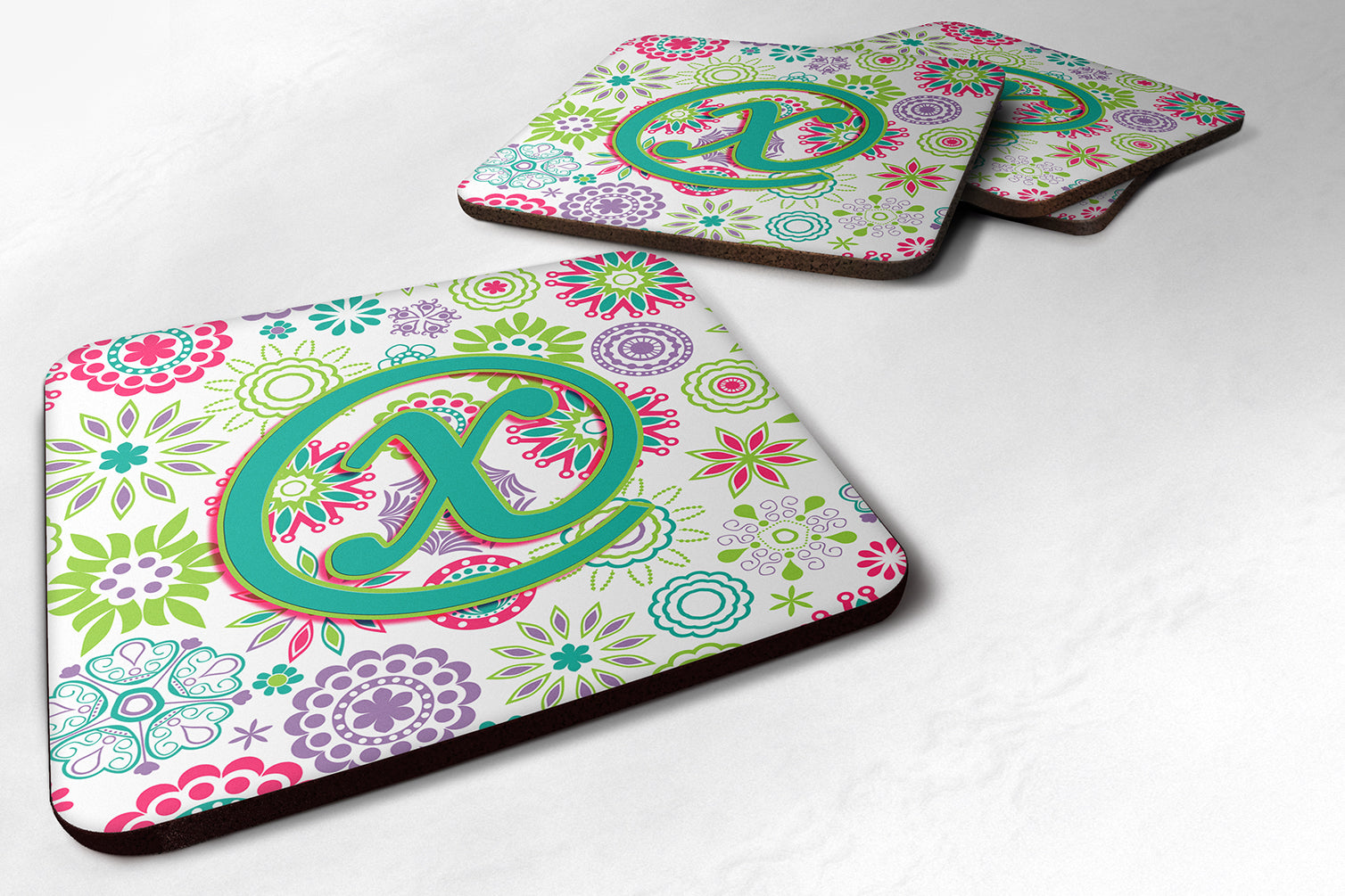 Set of 4 Letter X Flowers Pink Teal Green Initial Foam Coasters CJ2011-XFC - the-store.com