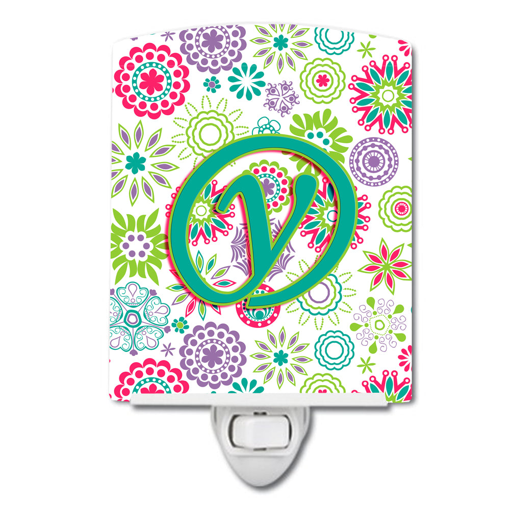 Letter Y Flowers Pink Teal Green Initial Ceramic Night Light CJ2011-YCNL - the-store.com