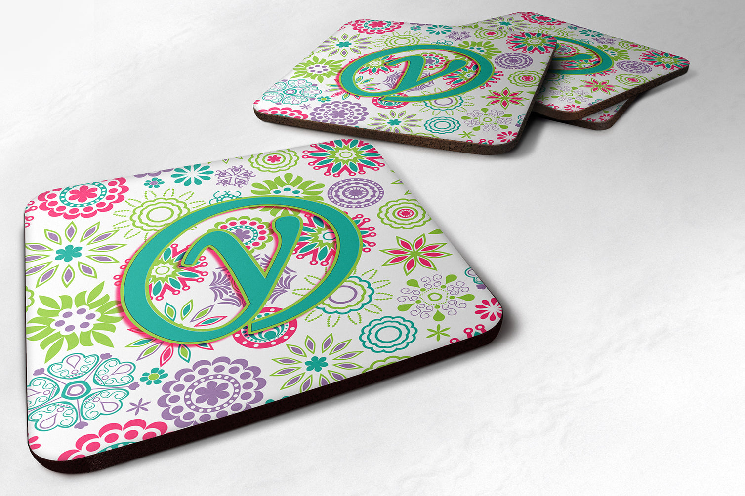 Set of 4 Letter Y Flowers Pink Teal Green Initial Foam Coasters CJ2011-YFC - the-store.com