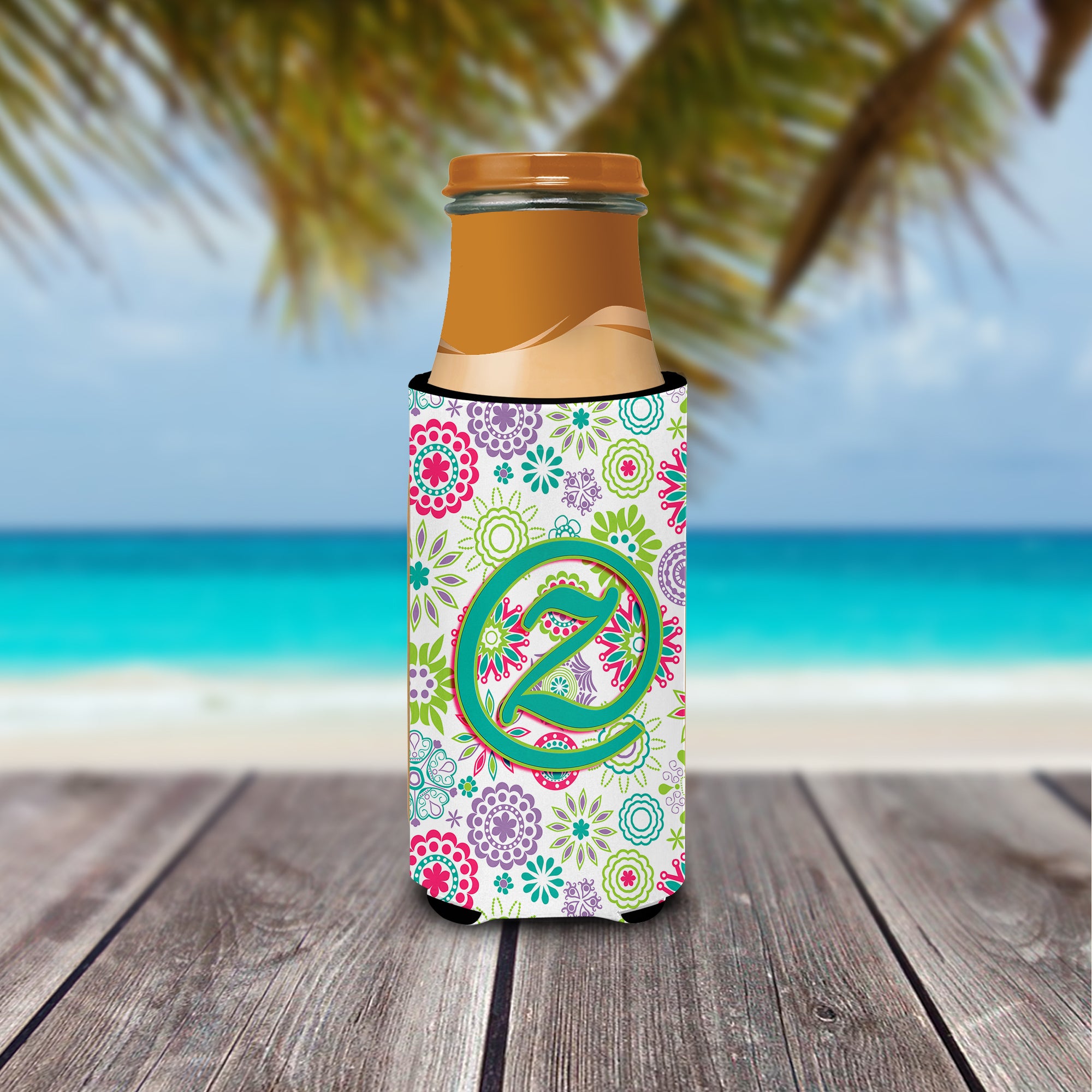 Letter Z Flowers Pink Teal Green Initial Ultra Beverage Insulators for slim cans CJ2011-ZMUK.