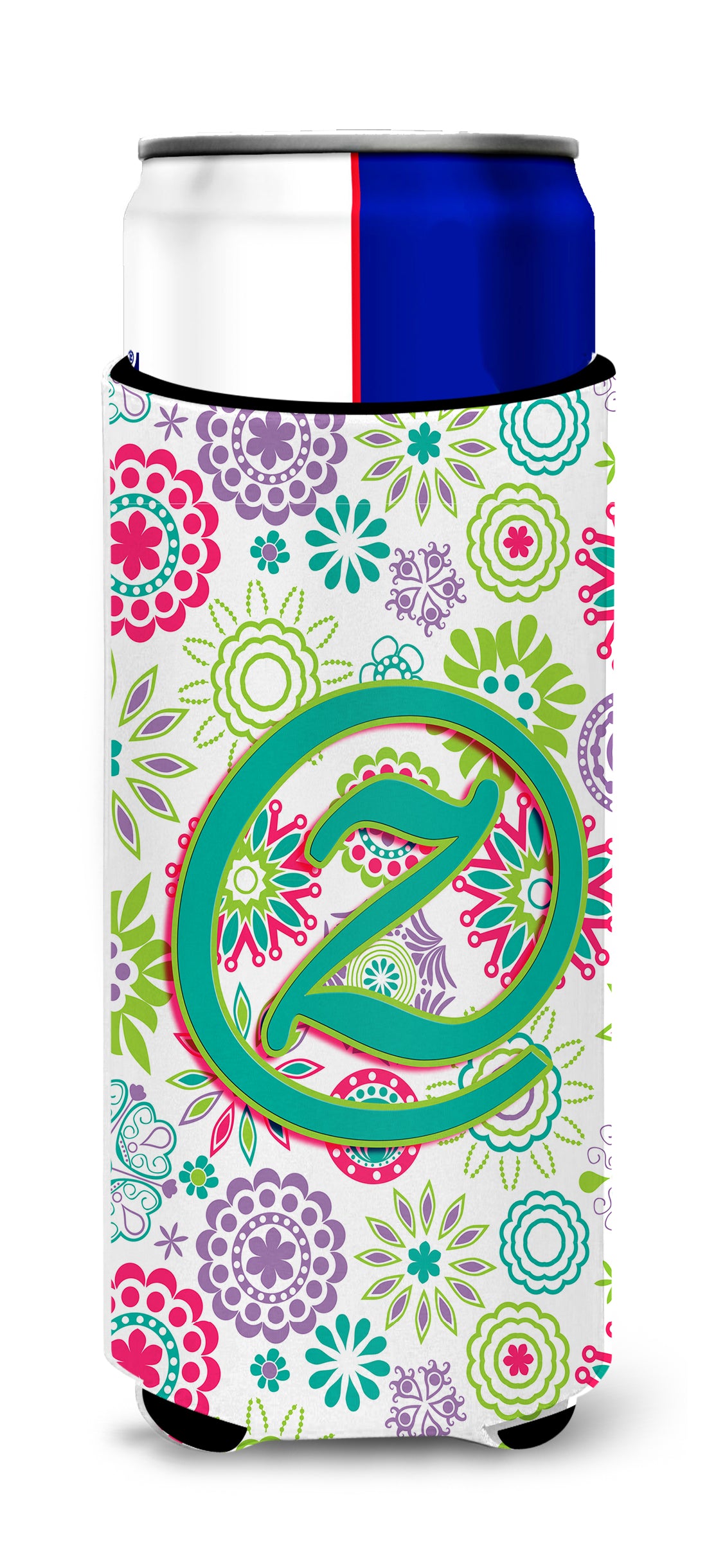 Letter Z Flowers Pink Teal Green Initial Ultra Beverage Insulators for slim cans CJ2011-ZMUK.