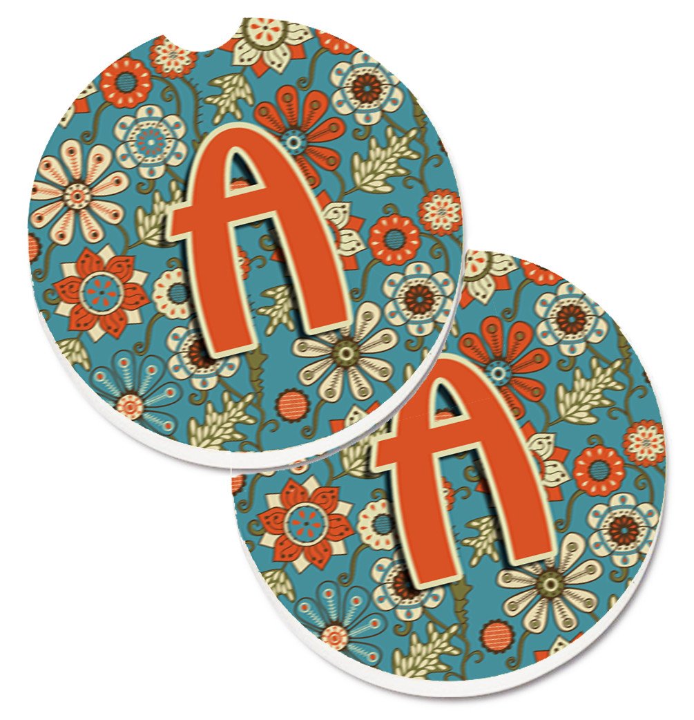 Letter A Flowers Retro Blue Set of 2 Cup Holder Car Coasters CJ2012-ACARC by Caroline&#39;s Treasures