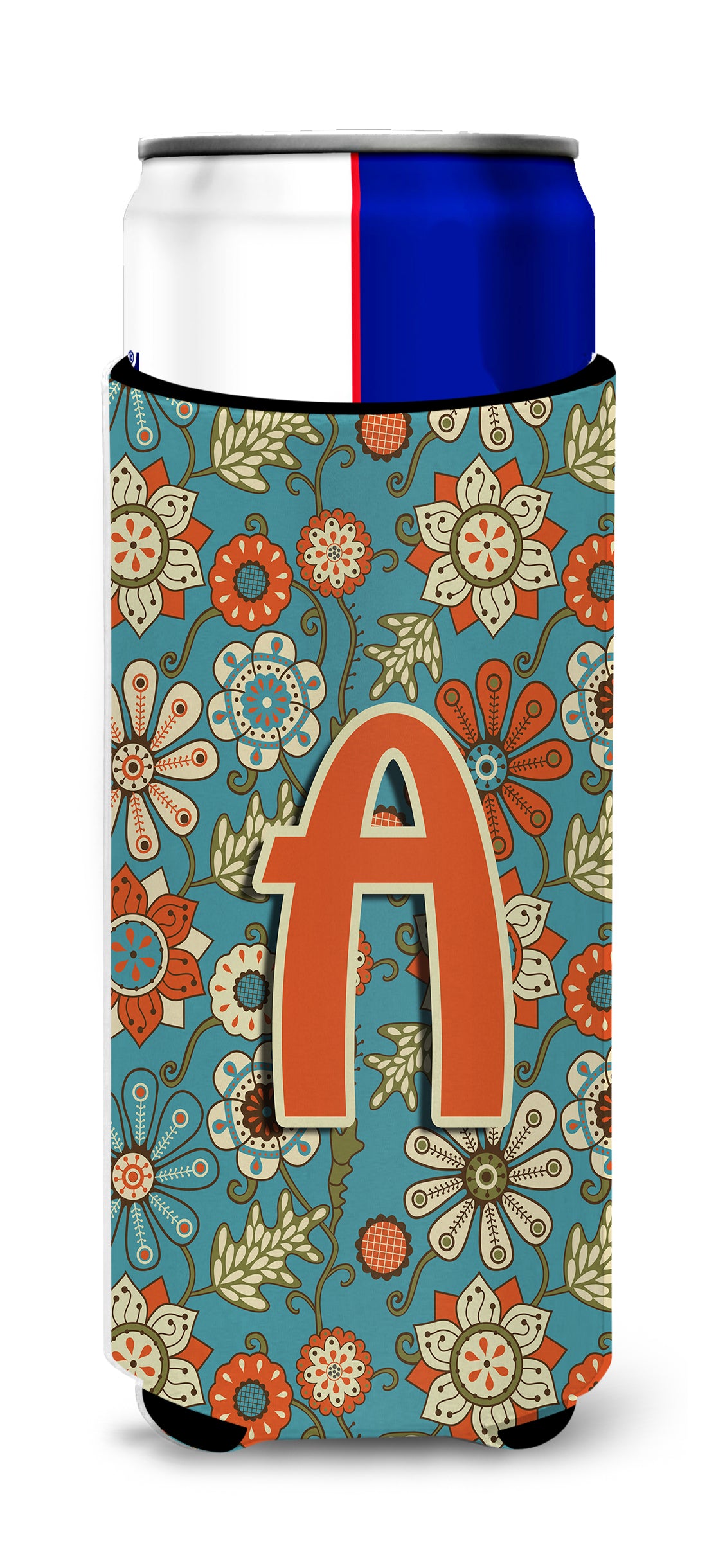 Letter A Flowers Retro Blue Ultra Beverage Insulators for slim cans CJ2012-AMUK.