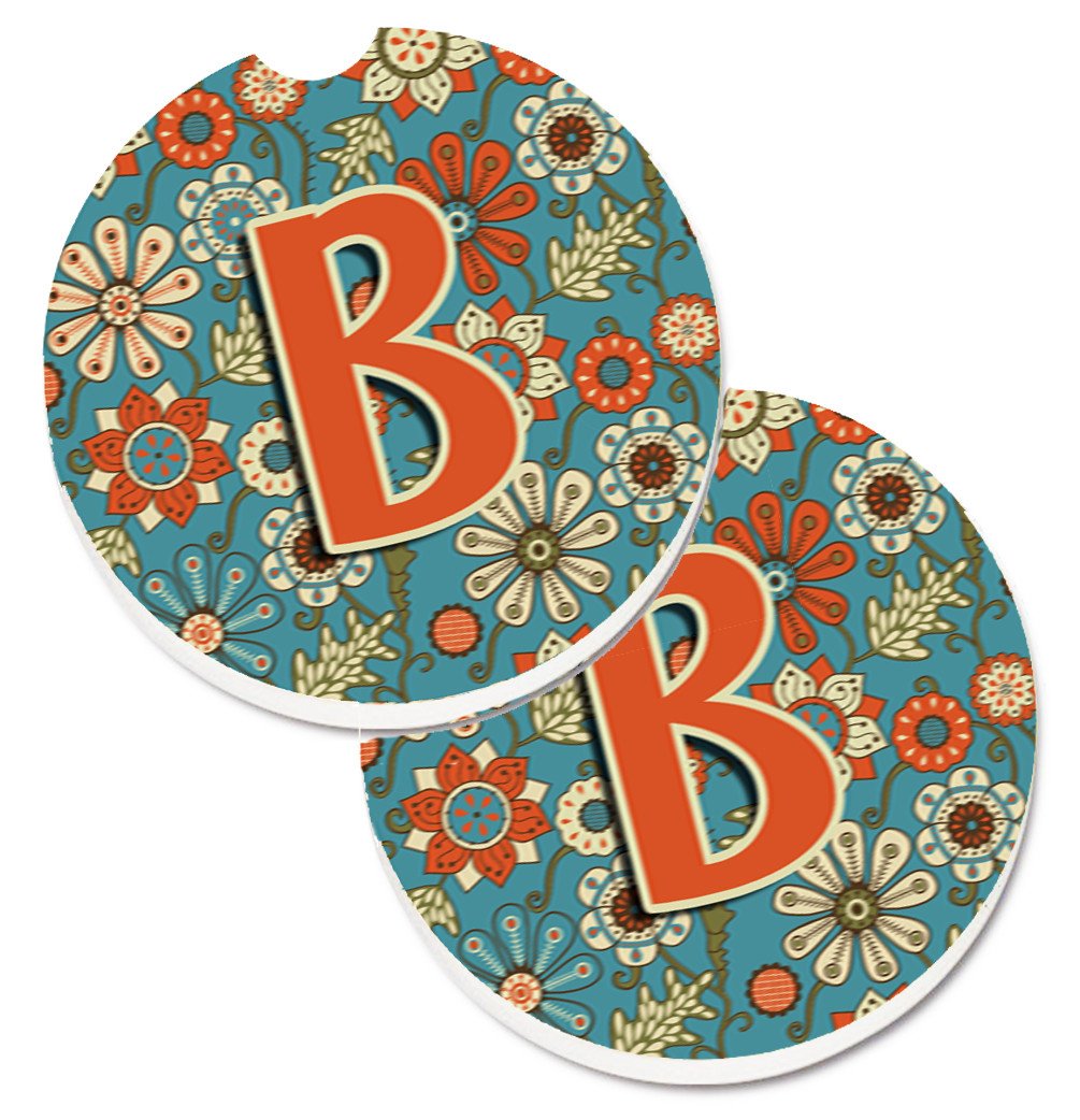 Letter B Flowers Retro Blue Set of 2 Cup Holder Car Coasters CJ2012-BCARC by Caroline&#39;s Treasures