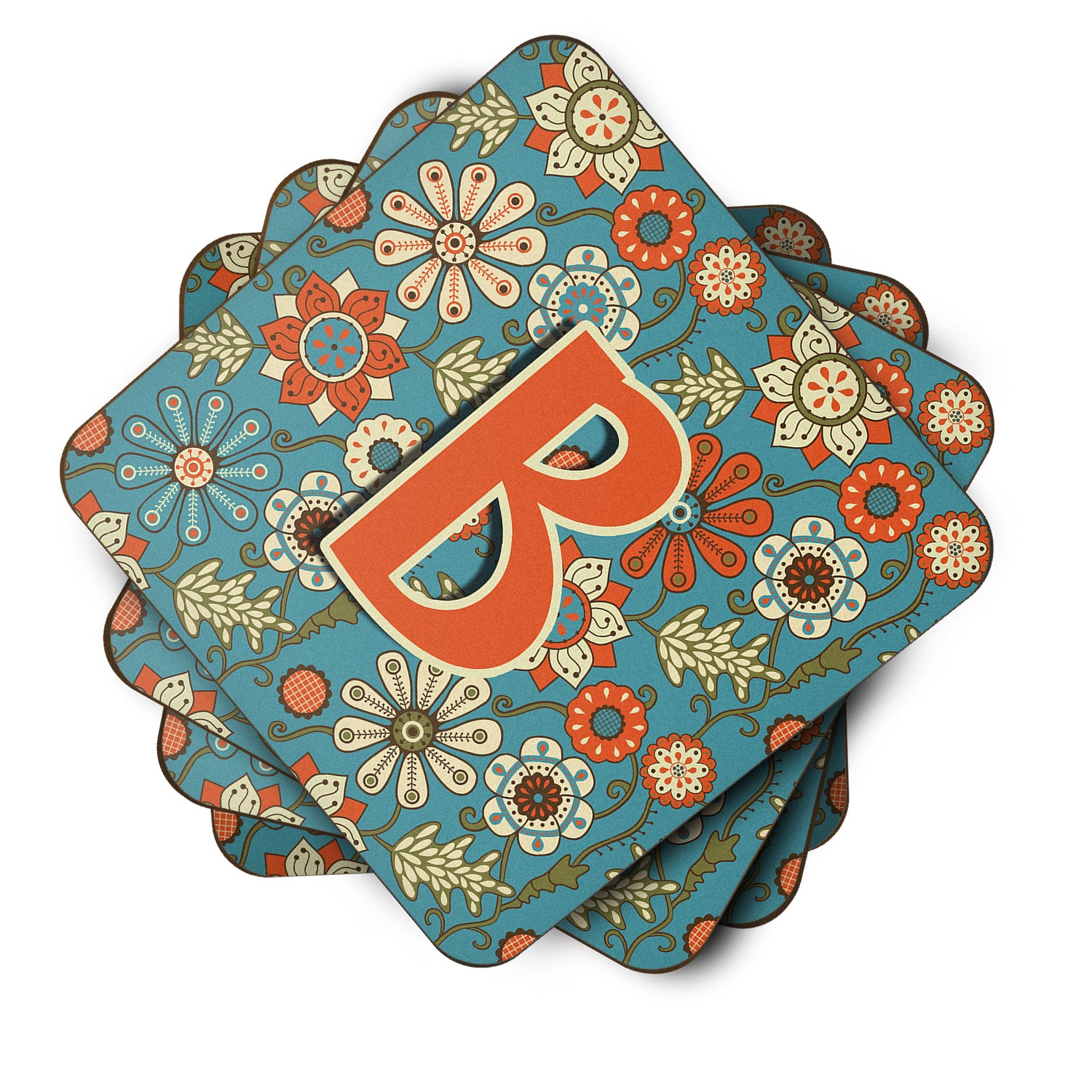 Set of 4 Letter B Flowers Retro Blue Foam Coasters CJ2012-BFC - the-store.com