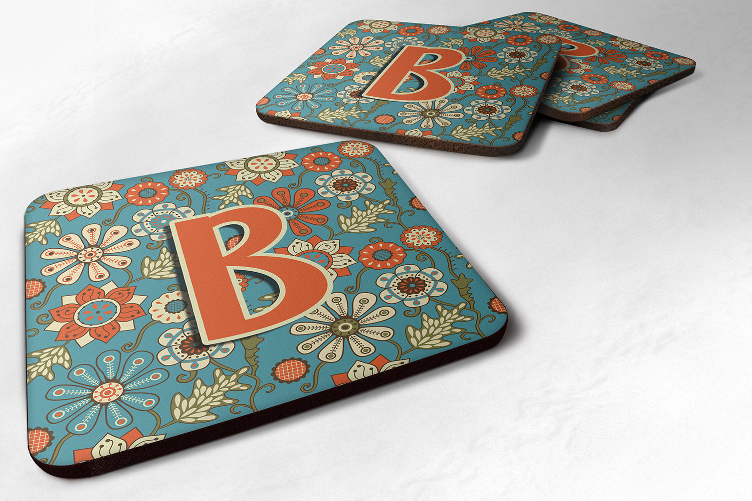 Set of 4 Letter B Flowers Retro Blue Foam Coasters CJ2012-BFC - the-store.com