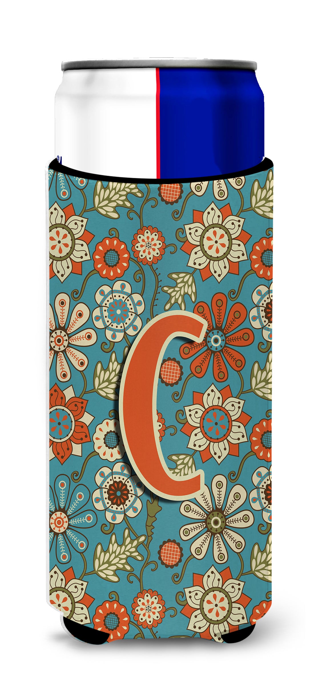 Letter C Flowers Retro Blue Ultra Beverage Insulators for slim cans CJ2012-CMUK.