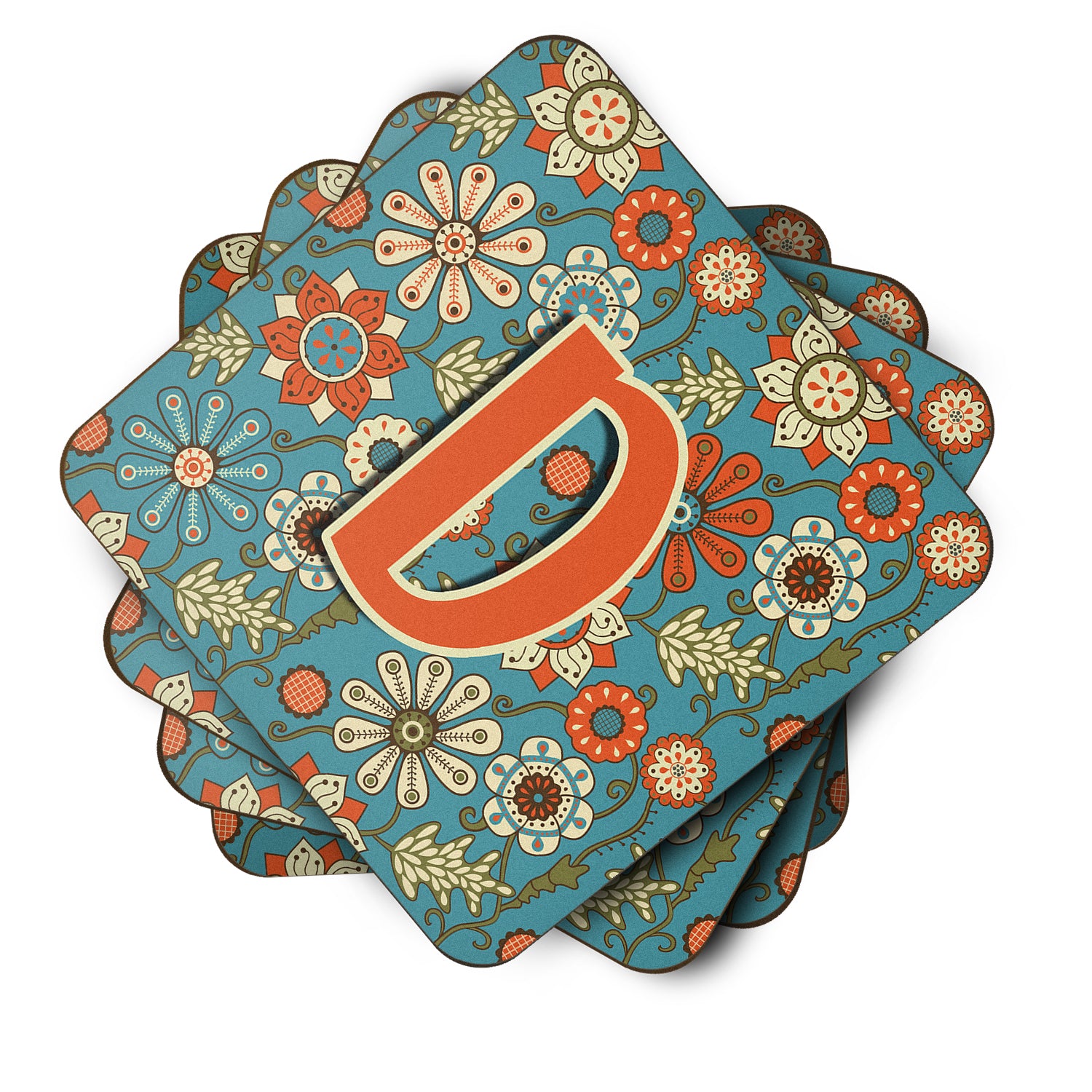 Set of 4 Letter D Flowers Retro Blue Foam Coasters CJ2012-DFC - the-store.com