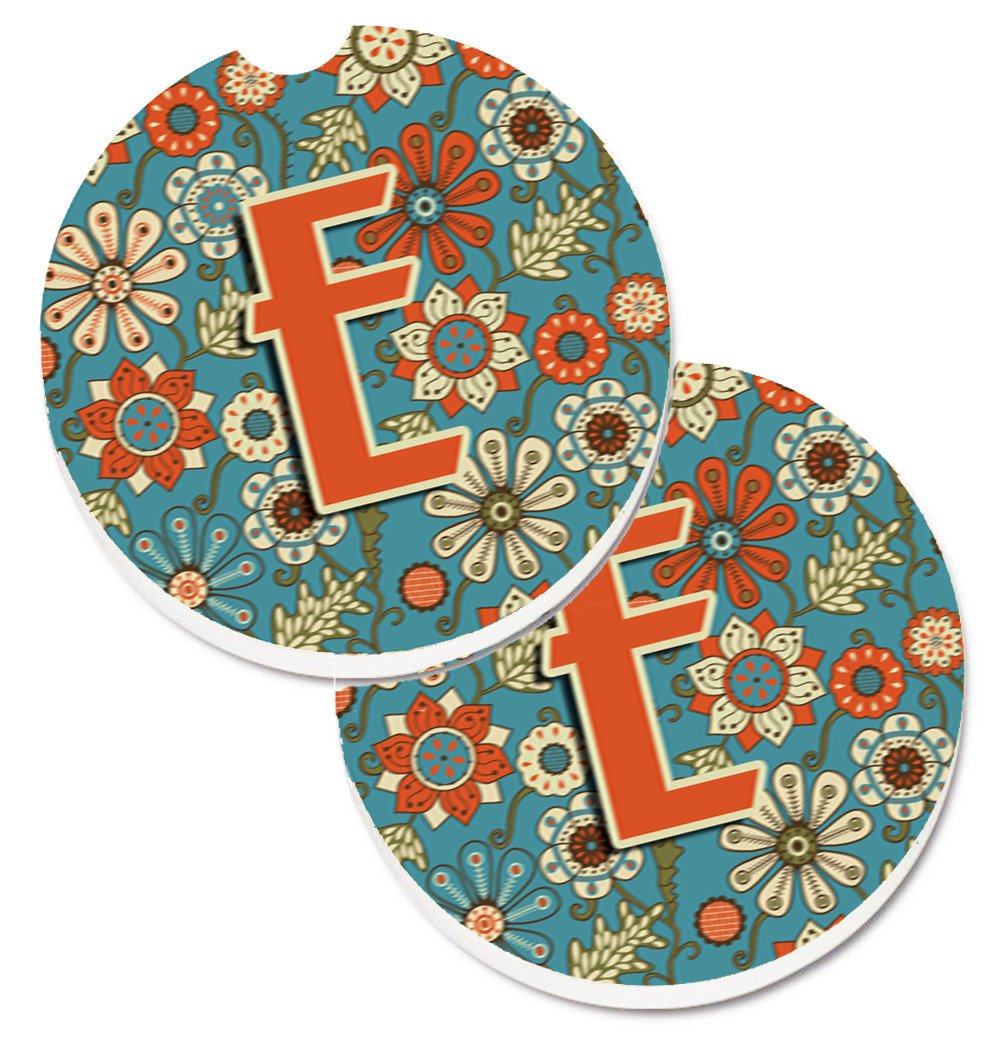 Letter E Flowers Retro Blue Set of 2 Cup Holder Car Coasters CJ2012-ECARC by Caroline's Treasures