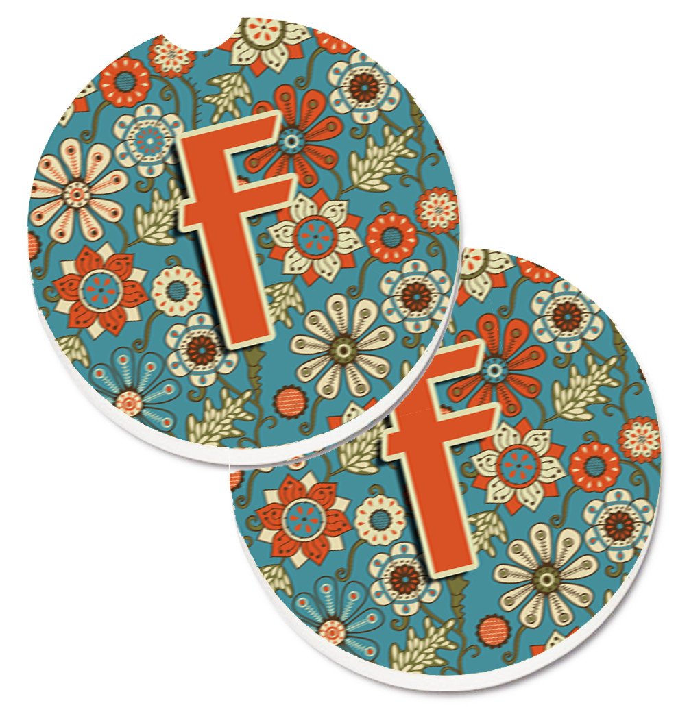 Letter F Flowers Retro Blue Set of 2 Cup Holder Car Coasters CJ2012-FCARC by Caroline's Treasures