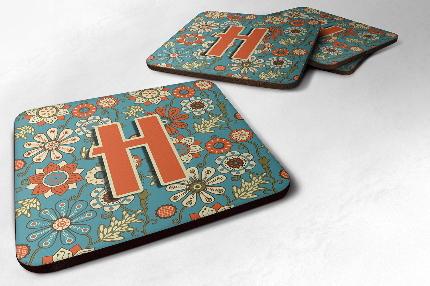 Set of 4 Letter H Flowers Retro Blue Foam Coasters CJ2012-HFC - the-store.com