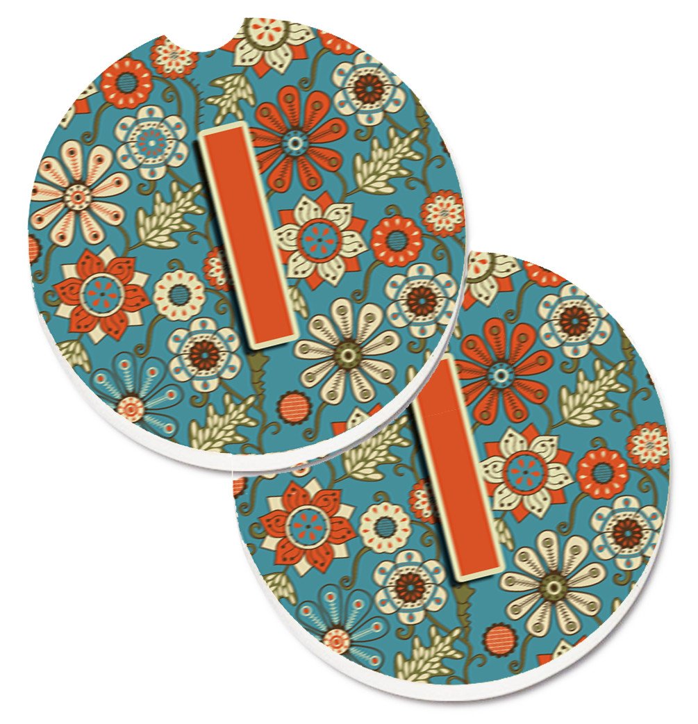 Letter I Flowers Retro Blue Set of 2 Cup Holder Car Coasters CJ2012-ICARC by Caroline's Treasures