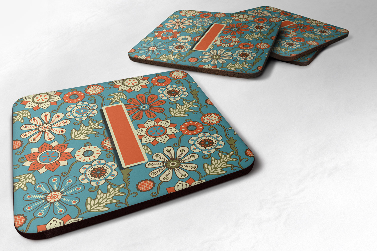 Set of 4 Letter I Flowers Retro Blue Foam Coasters CJ2012-IFC - the-store.com