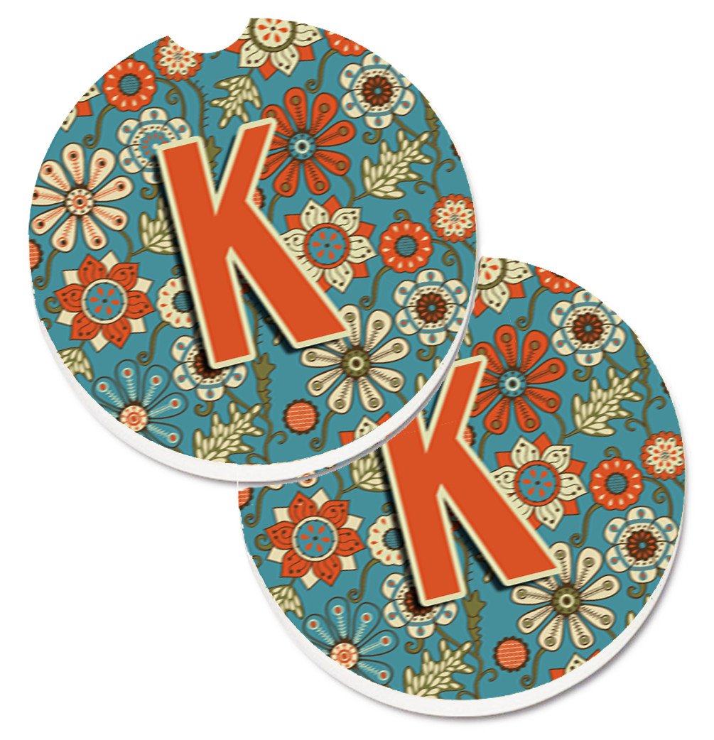 Letter K Flowers Retro Blue Set of 2 Cup Holder Car Coasters CJ2012-KCARC by Caroline's Treasures