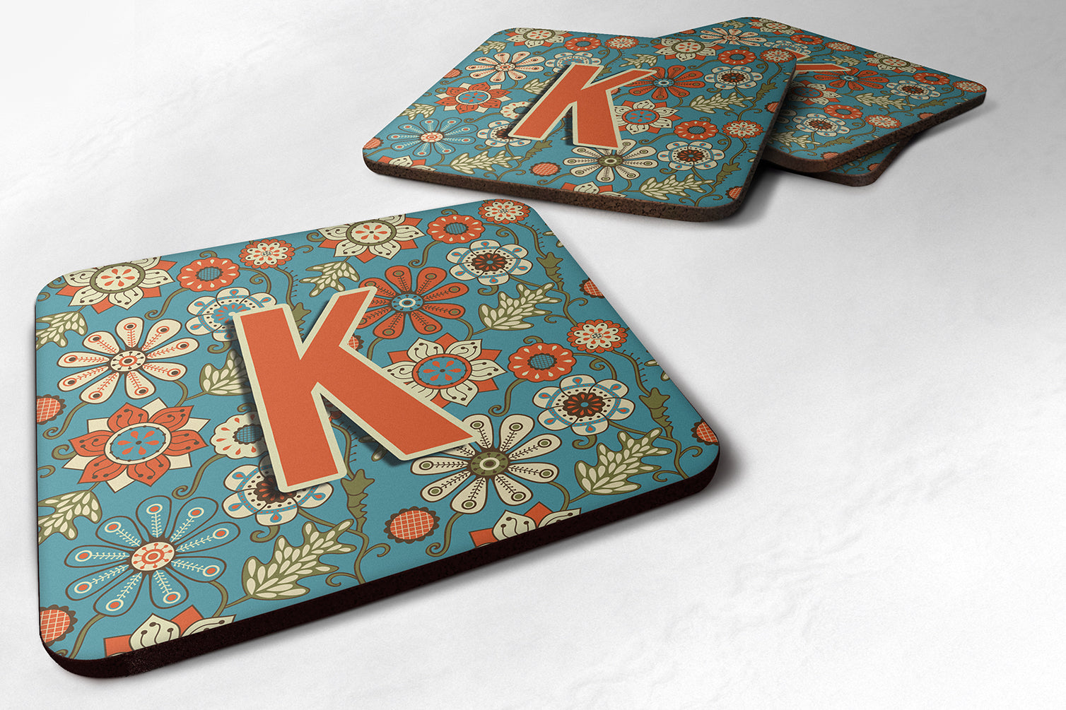 Set of 4 Letter K Flowers Retro Blue Foam Coasters CJ2012-KFC - the-store.com