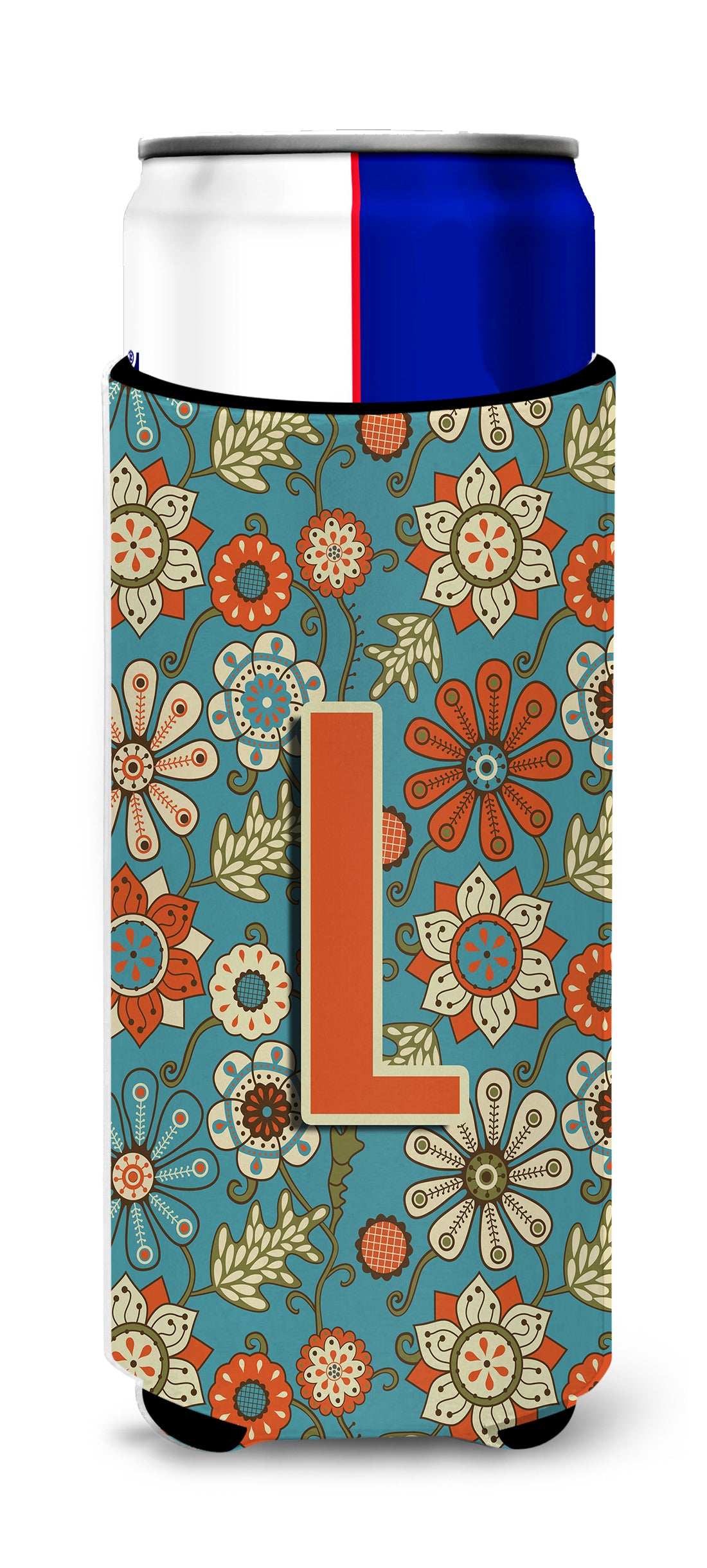 Letter L Flowers Retro Blue Ultra Beverage Insulators for slim cans CJ2012-LMUK.