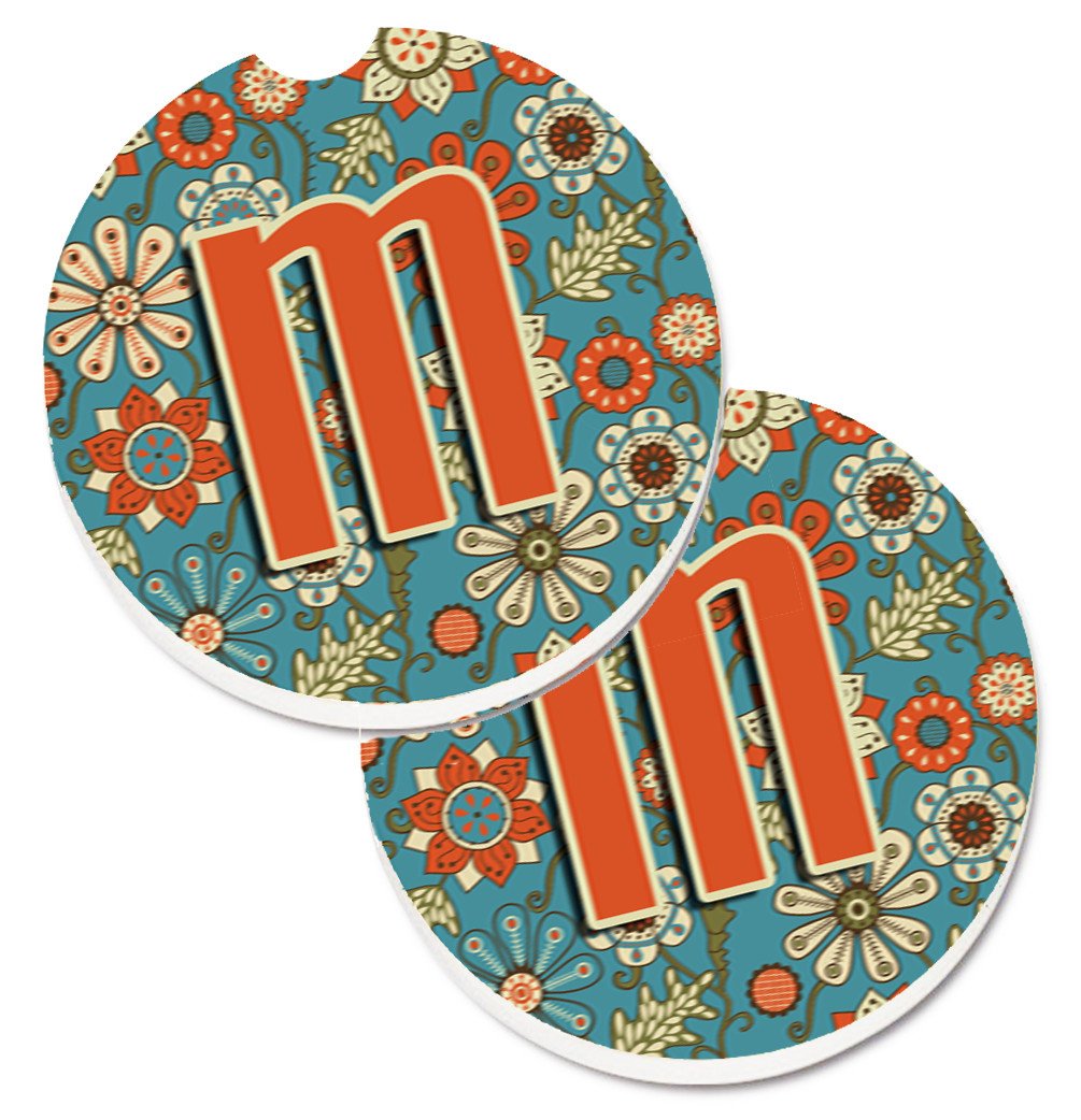 Letter M Flowers Retro Blue Set of 2 Cup Holder Car Coasters CJ2012-MCARC by Caroline's Treasures