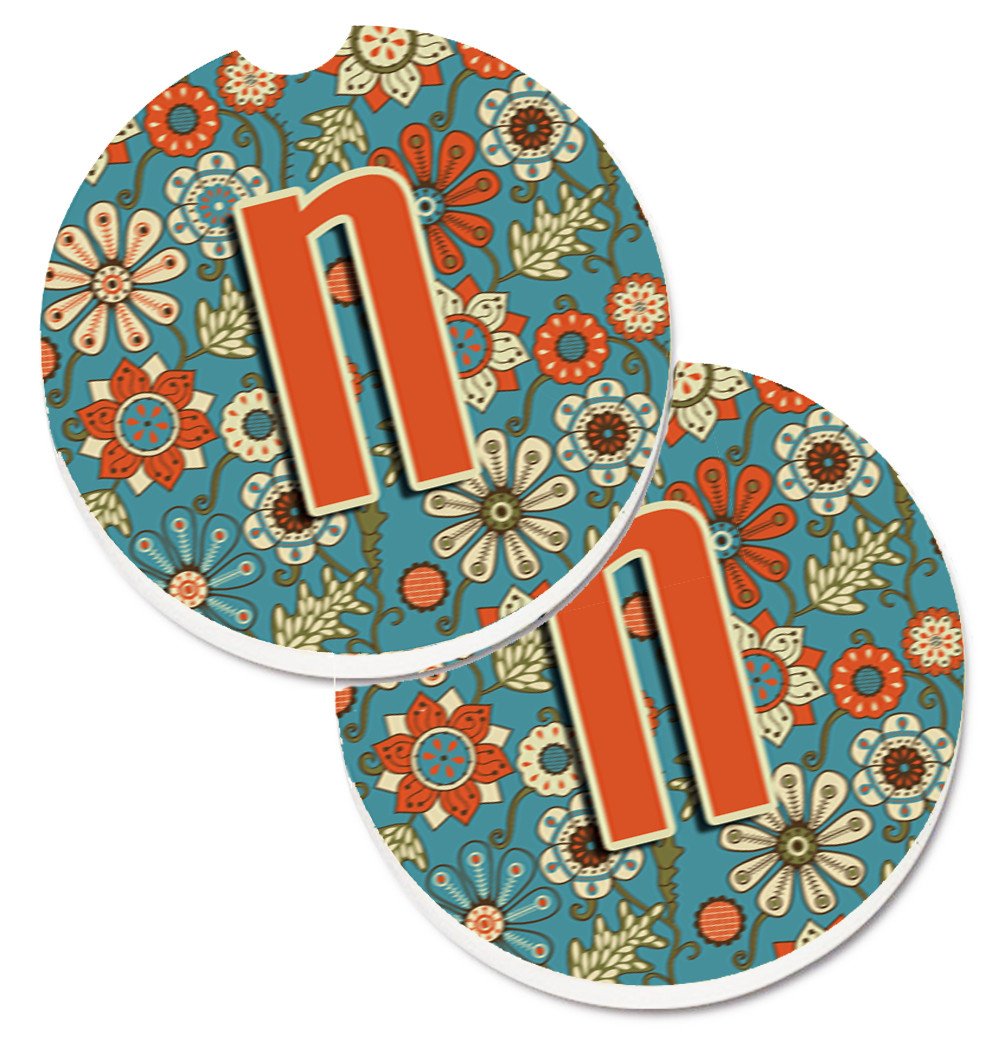 Letter N Flowers Retro Blue Set of 2 Cup Holder Car Coasters CJ2012-NCARC by Caroline's Treasures