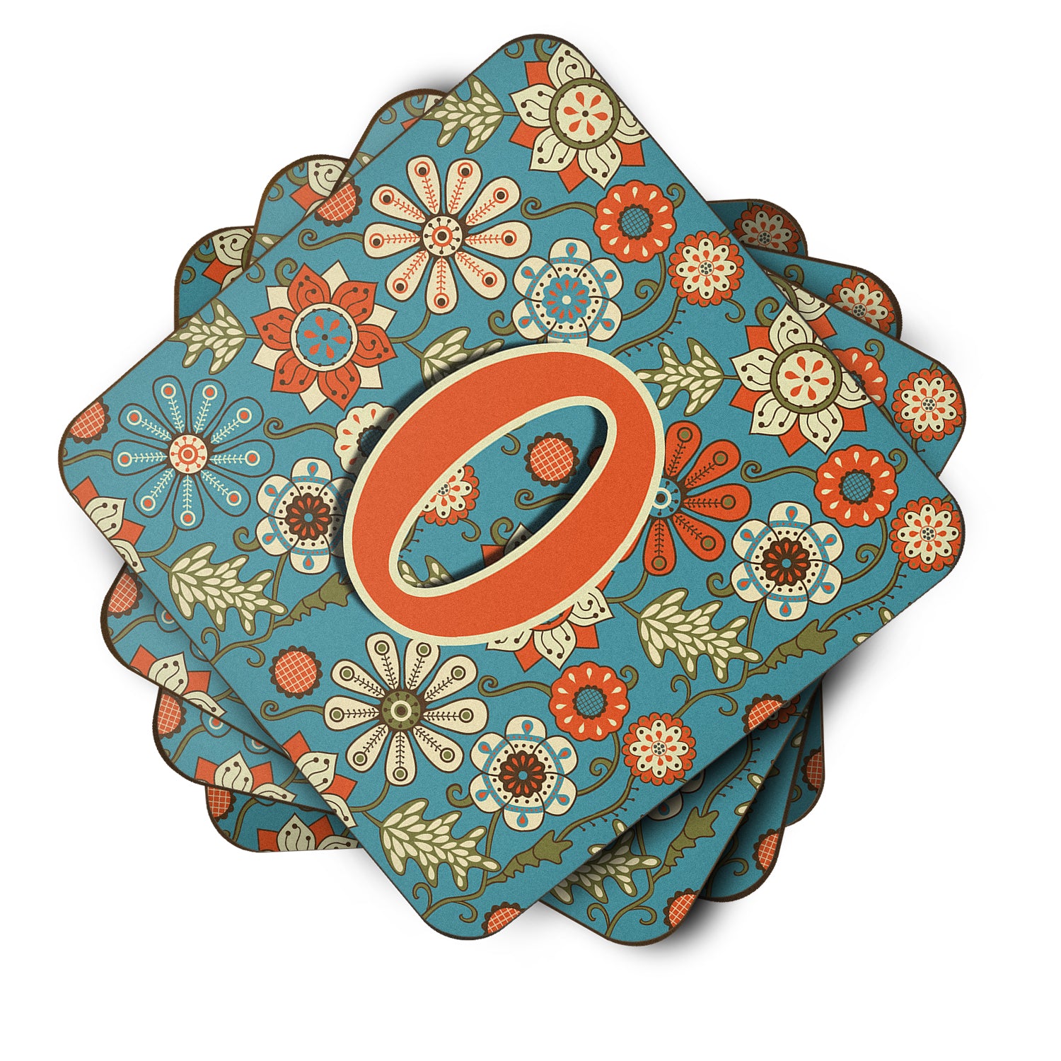 Set of 4 Letter O Flowers Retro Blue Foam Coasters CJ2012-OFC - the-store.com