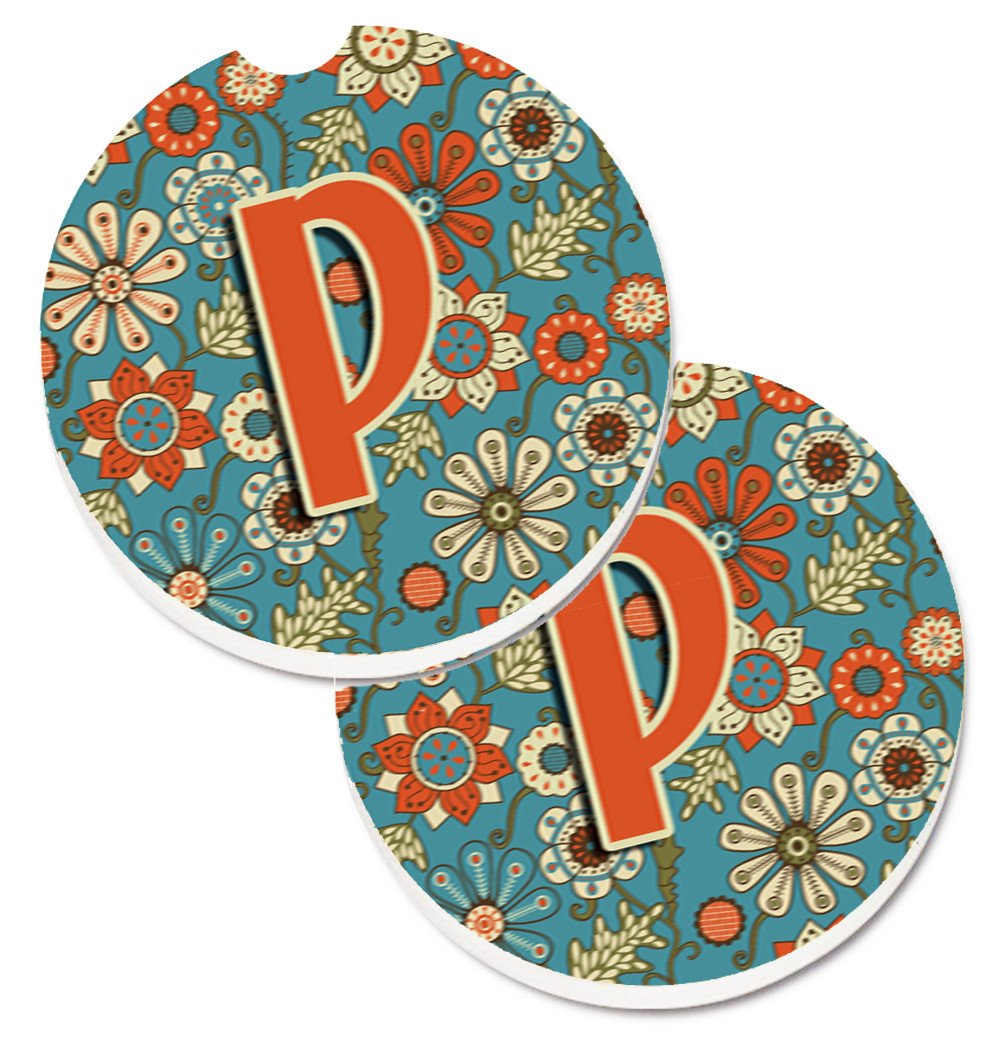 Letter P Flowers Retro Blue Set of 2 Cup Holder Car Coasters CJ2012-PCARC by Caroline's Treasures