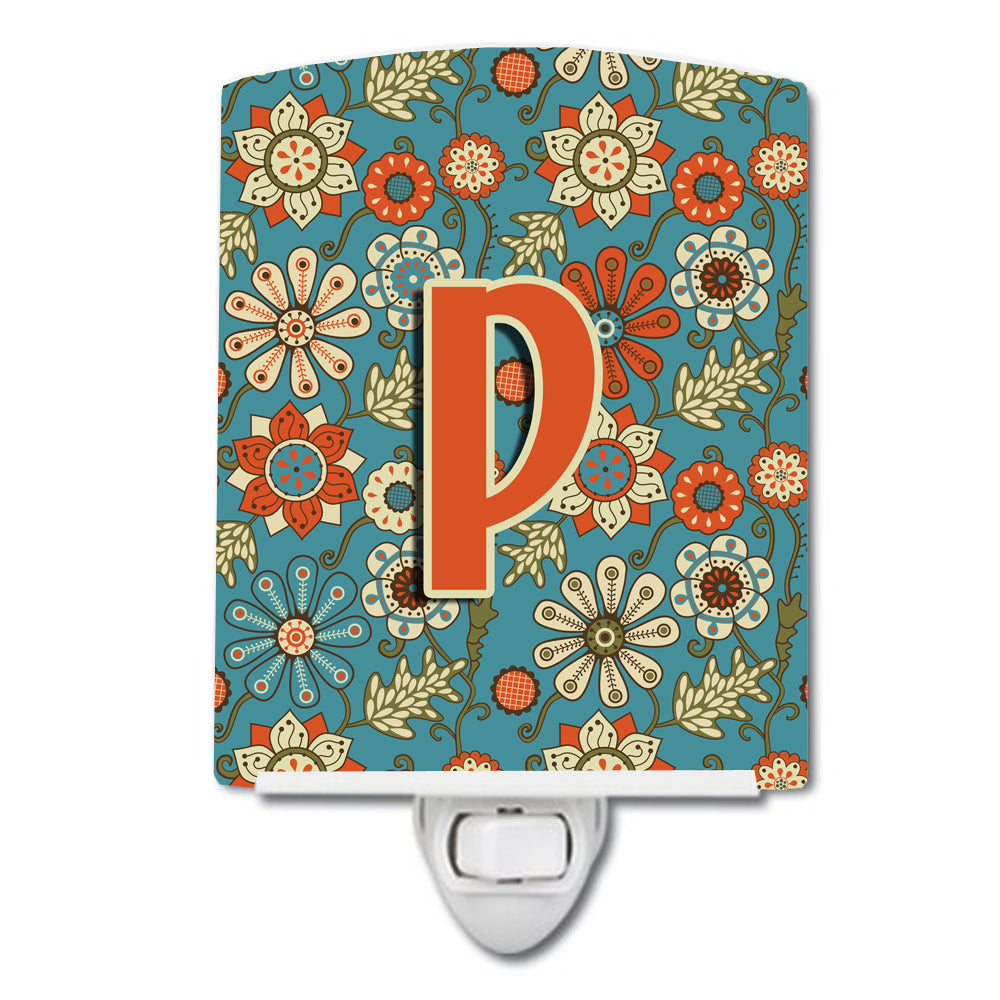 Letter P Flowers Retro Blue Ceramic Night Light CJ2012-PCNL - the-store.com