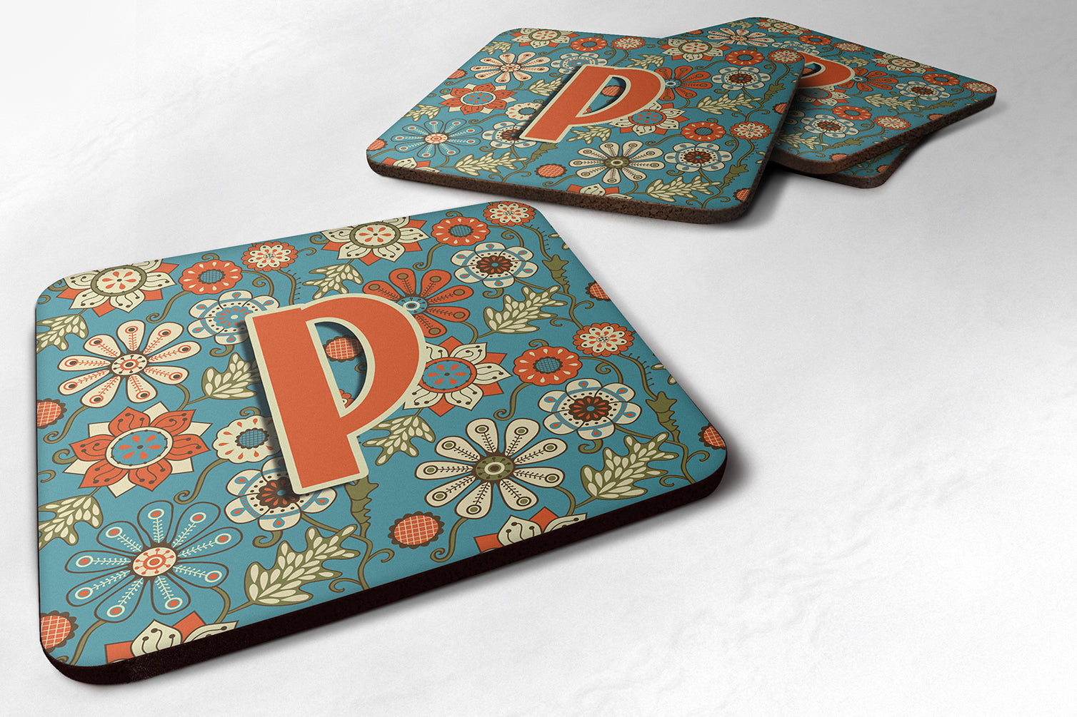 Set of 4 Letter P Flowers Retro Blue Foam Coasters CJ2012-PFC - the-store.com