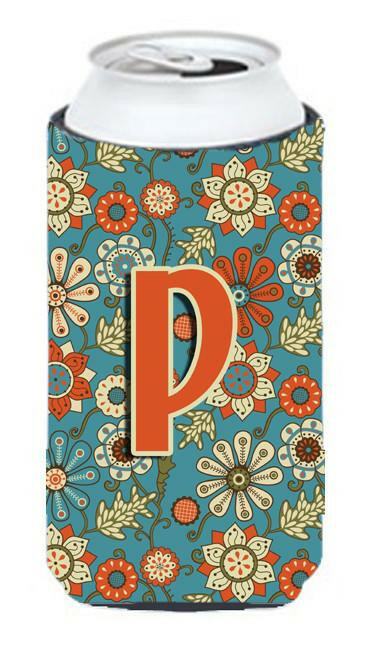 Letter P Flowers Retro Blue Tall Boy Beverage Insulator Hugger CJ2012-PTBC by Caroline's Treasures