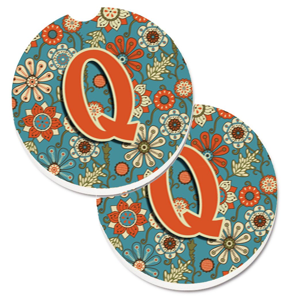 Letter Q Flowers Retro Blue Set of 2 Cup Holder Car Coasters CJ2012-QCARC by Caroline's Treasures