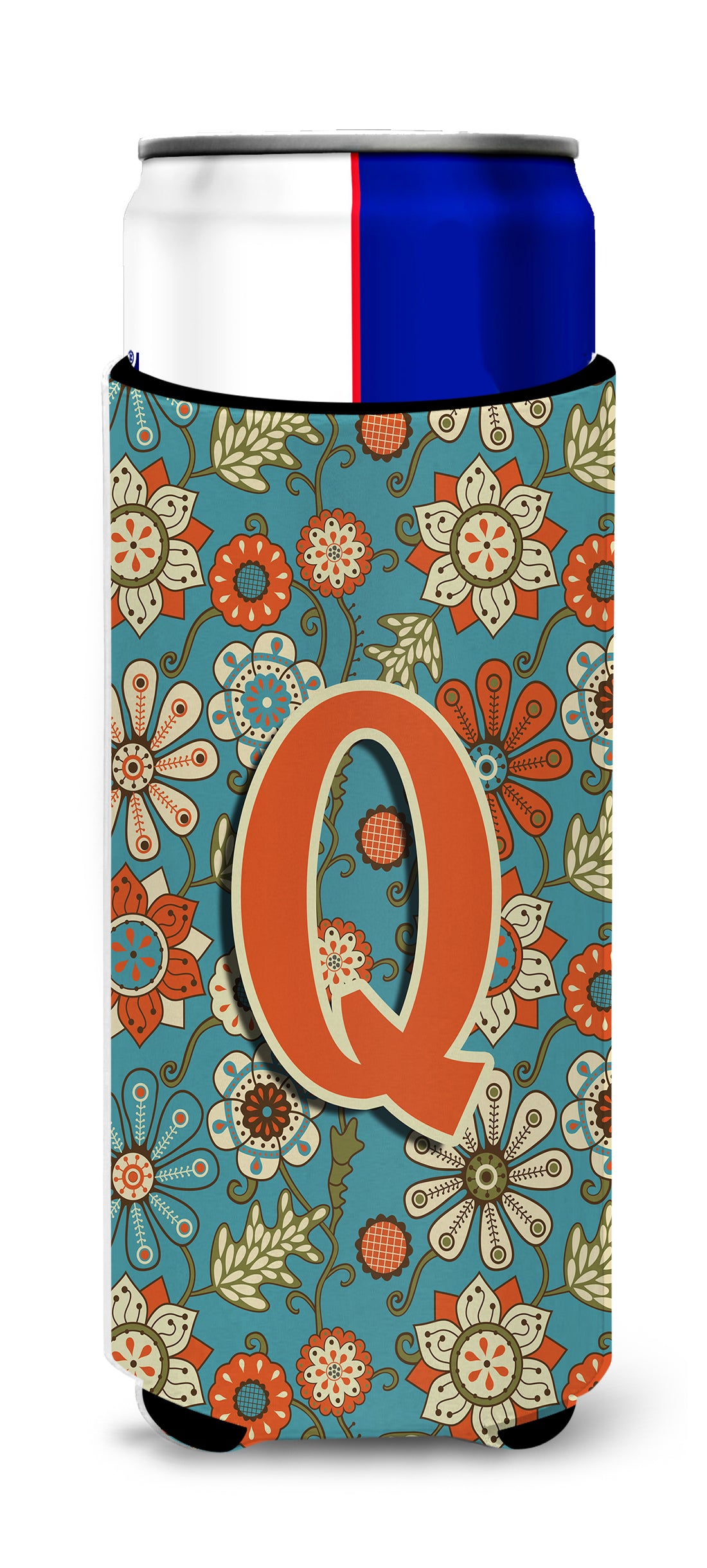 Letter Q Flowers Retro Blue Ultra Beverage Insulators for slim cans CJ2012-QMUK.