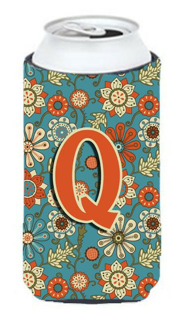 Letter Q Flowers Retro Blue Tall Boy Beverage Insulator Hugger CJ2012-QTBC by Caroline&#39;s Treasures