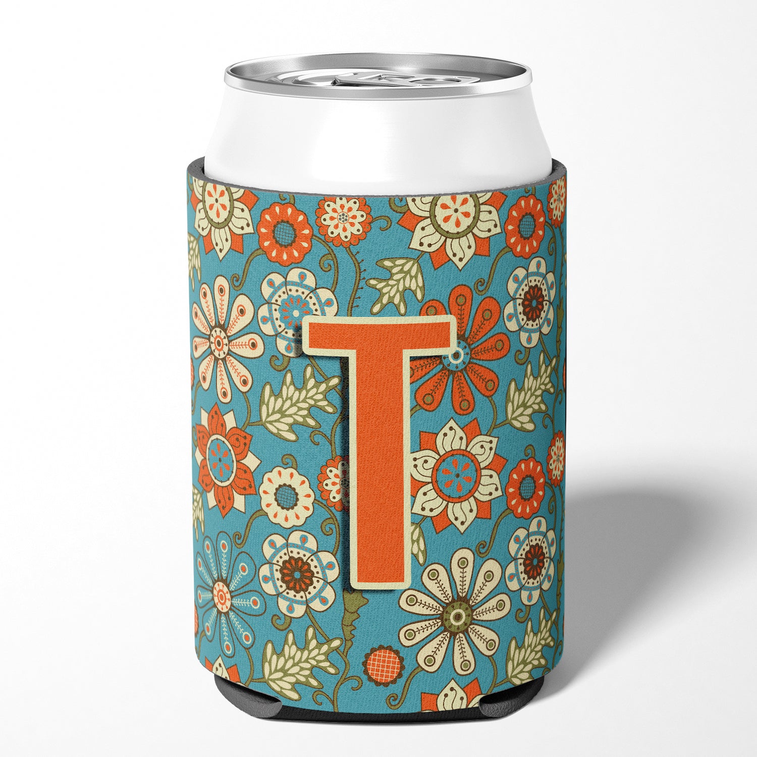 Letter T Flowers Retro Blue Can or Bottle Hugger CJ2012-TCC  the-store.com.