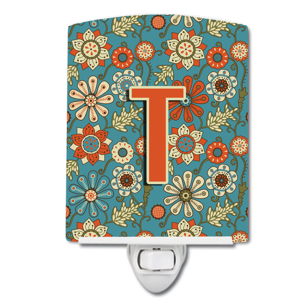 Letter T Flowers Retro Blue Ceramic Night Light CJ2012-TCNL - the-store.com